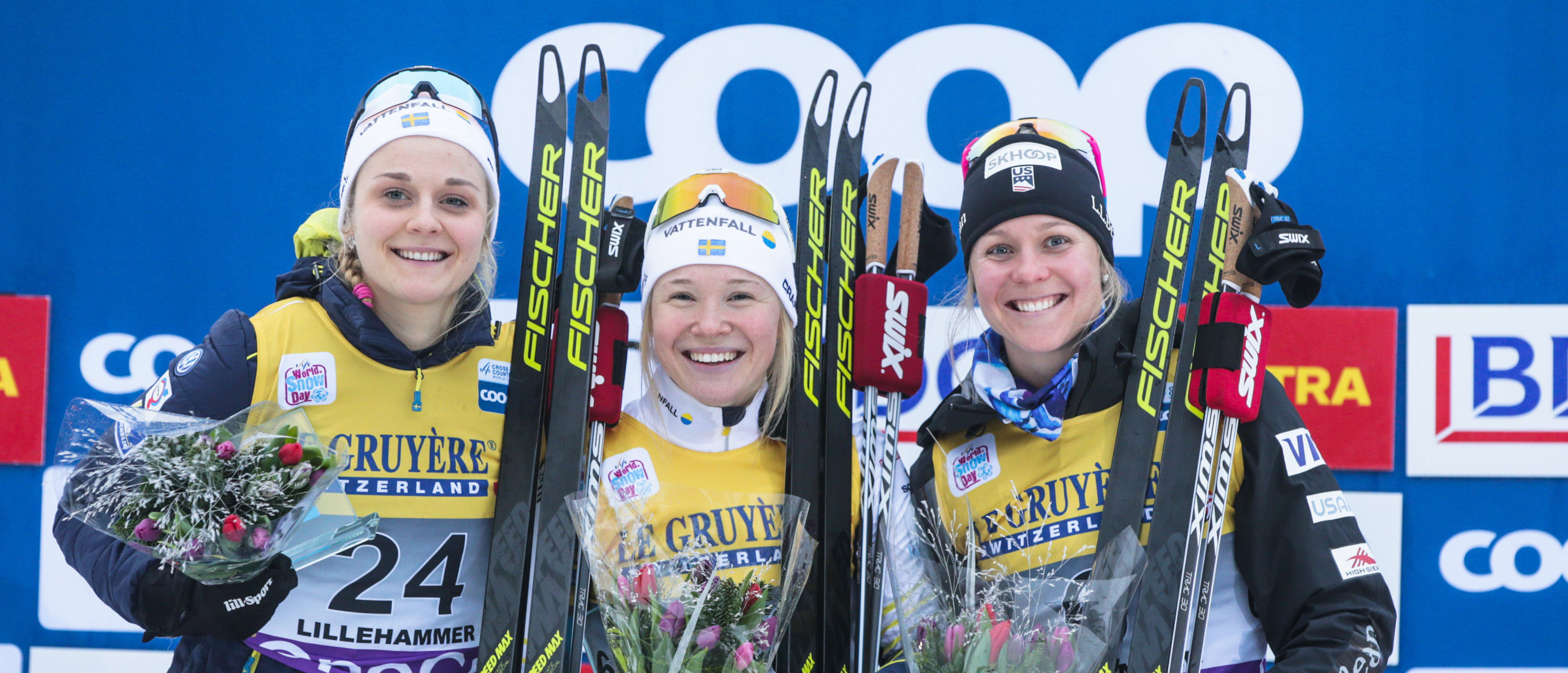 Jonna Sundling, Lillehammer sprint podium, Bjornsen's success, Cross-country skiing, 3000x1290 Dual Screen Desktop