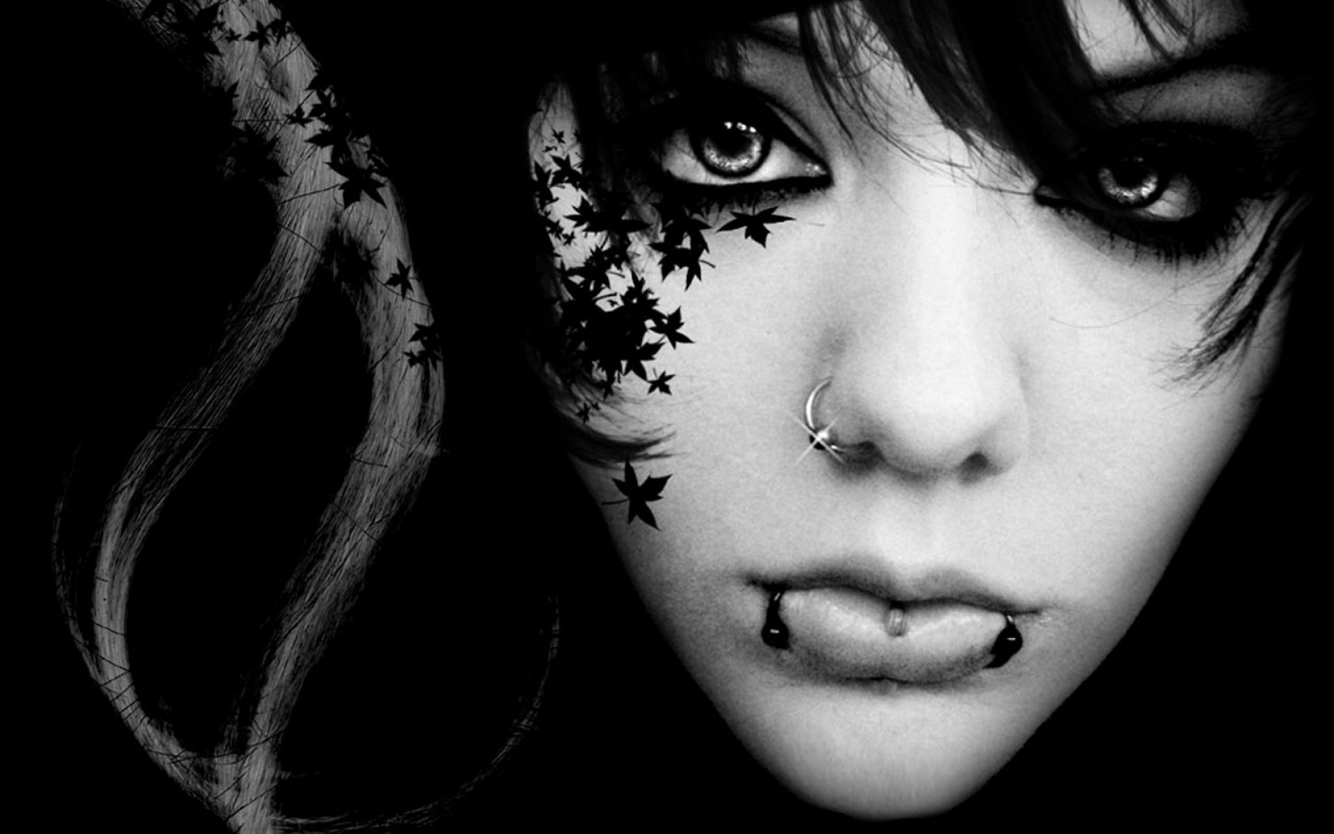 Gothic Art: Dark mood, Fantasy style, Facial piercings, Goth fashion, Black and white. 1920x1200 HD Wallpaper.