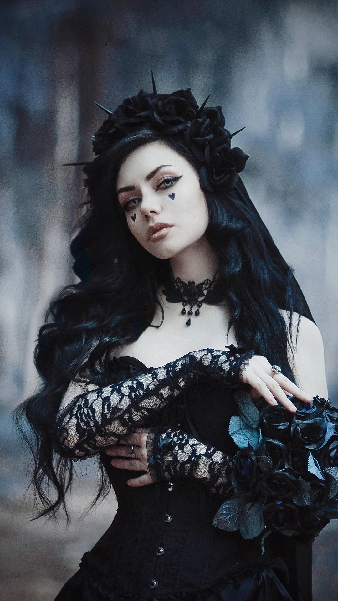 Goth Girl: Depressive makeup, Victorian choker, Gothic look, Mopey. 1080x1920 Full HD Background.