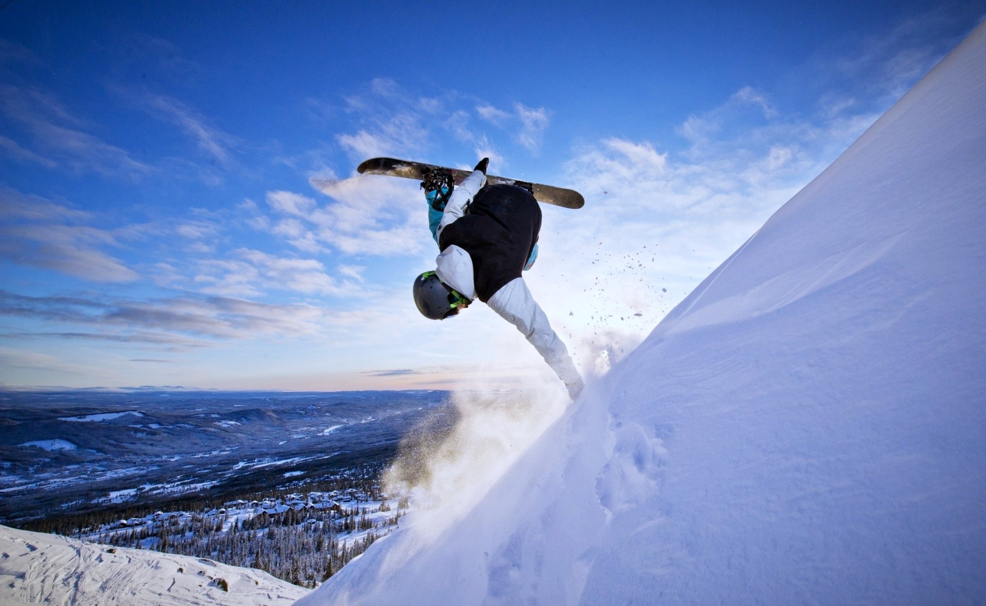 Snowboarding: Aerial acrobatics tricks in the mountains, Extreme snowboard riding, High-risk winter sport. 1920x1180 HD Background.