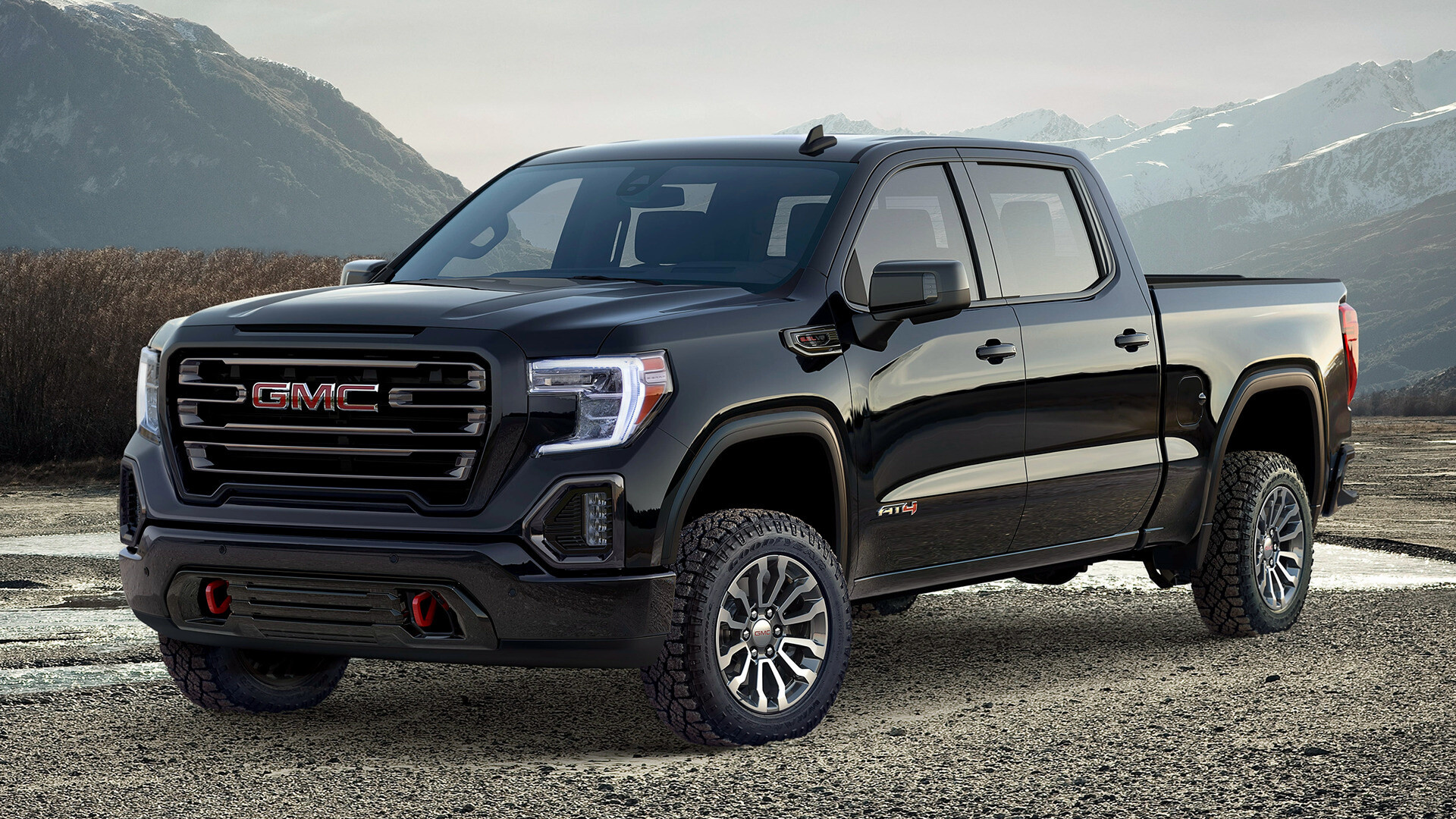GMC Sierra: AT4 Crew Cab, Standard 4WD with a two-speed transfer case, 18-inch wheels with all-terrain tires. 1920x1080 Full HD Background.
