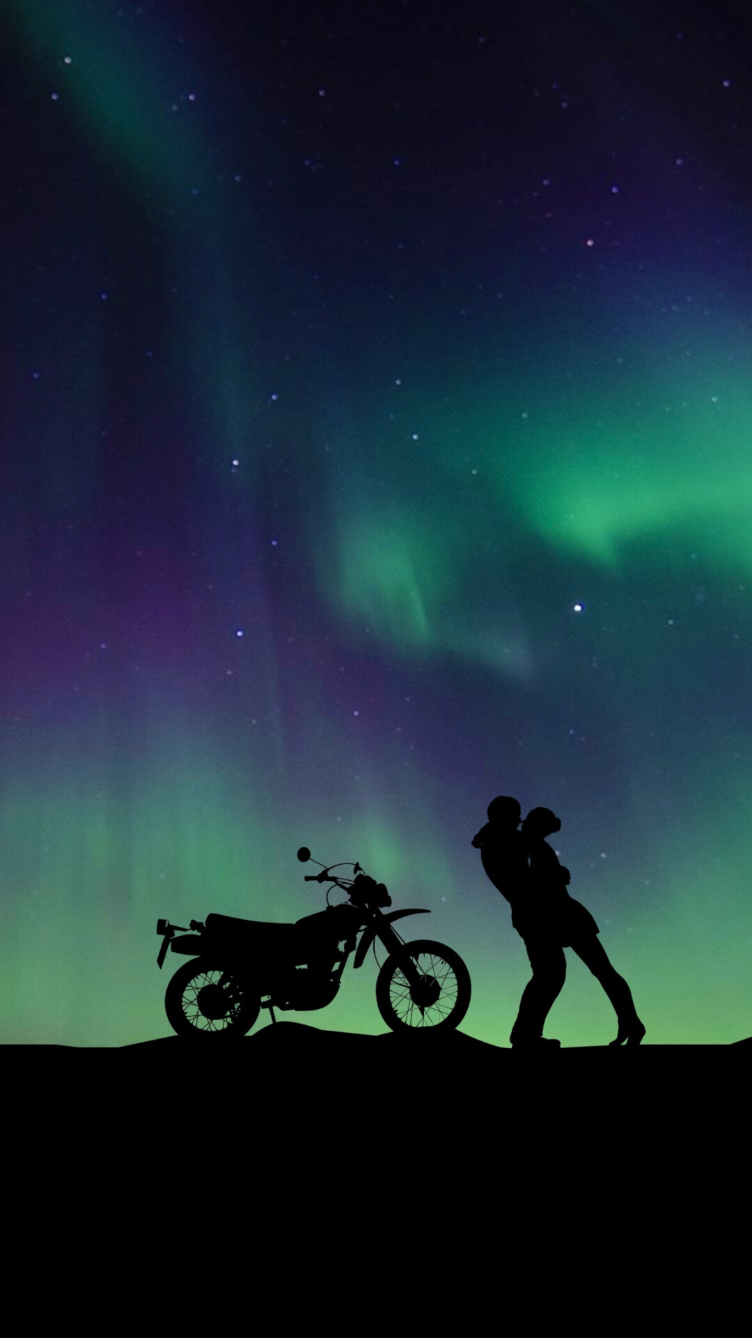Couples, Aurora borealis, Motorcycle, Love, 1080x1920 Full HD Phone