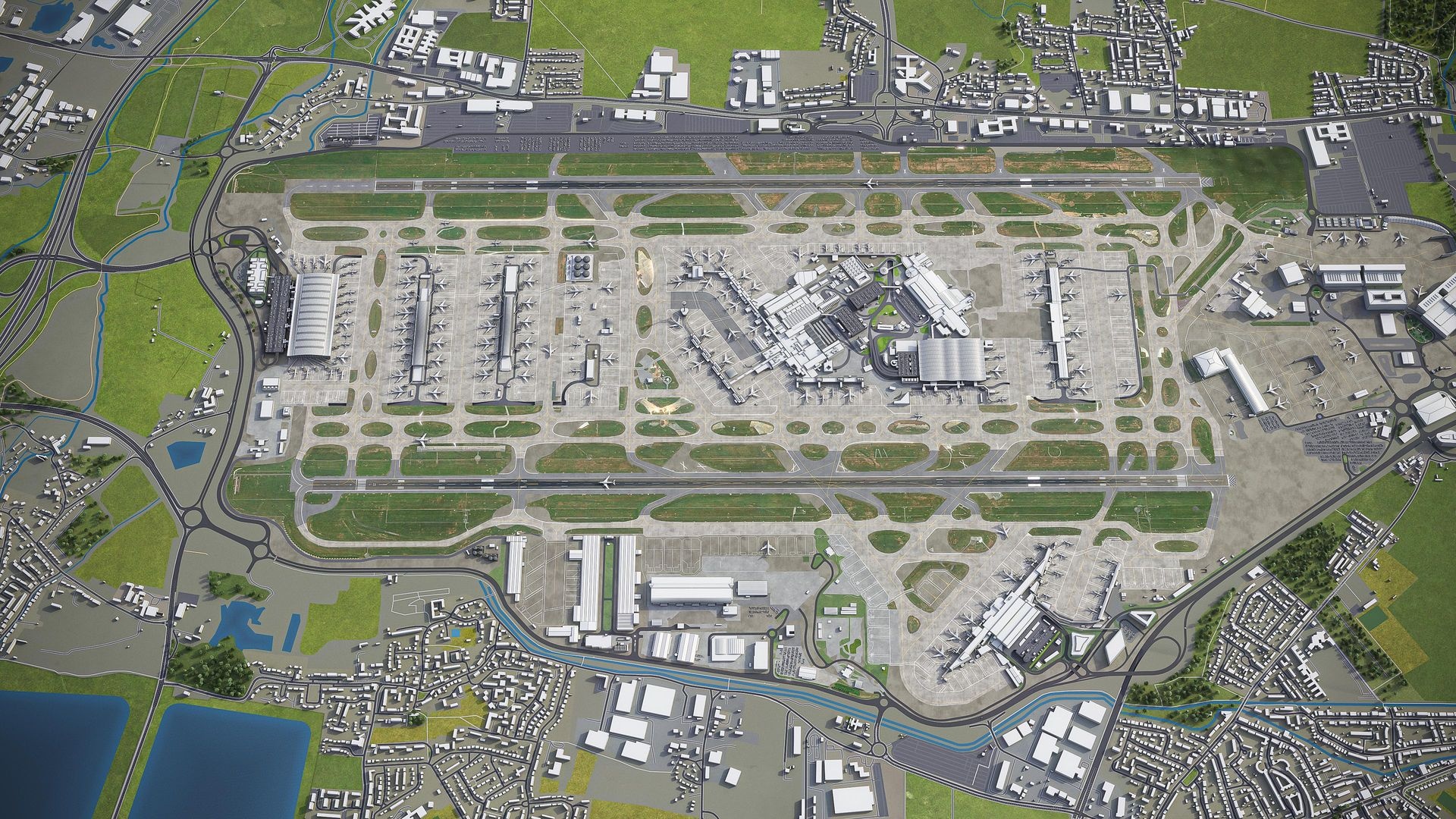 London Heathrow Airport, 3D model, airport visualization, travel destination, 1920x1080 Full HD Desktop