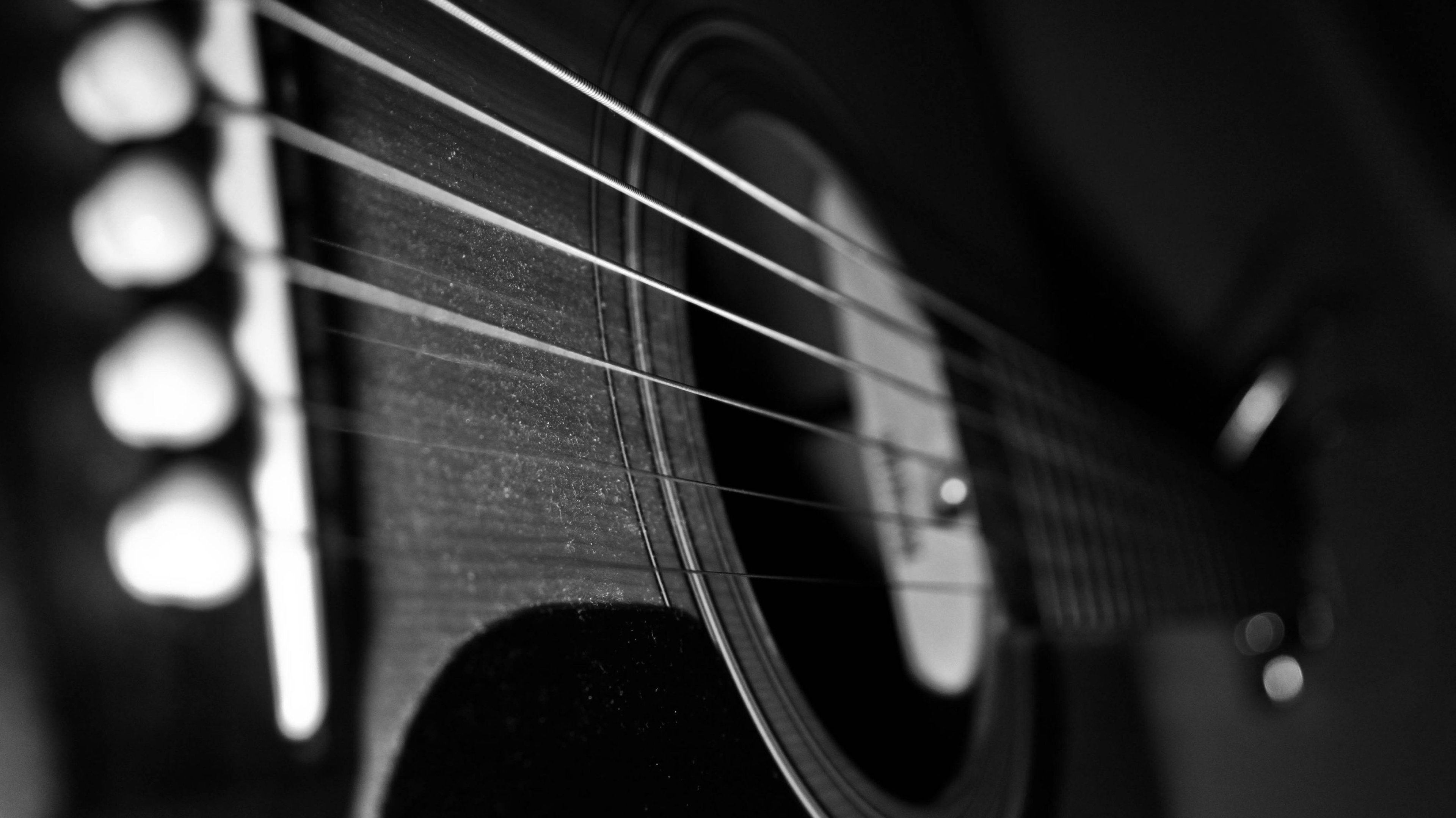 Guitar: Musical instrument, A flat-bodied stringed instrument with a long fretted neck, Monochrome. 3840x2160 4K Background.