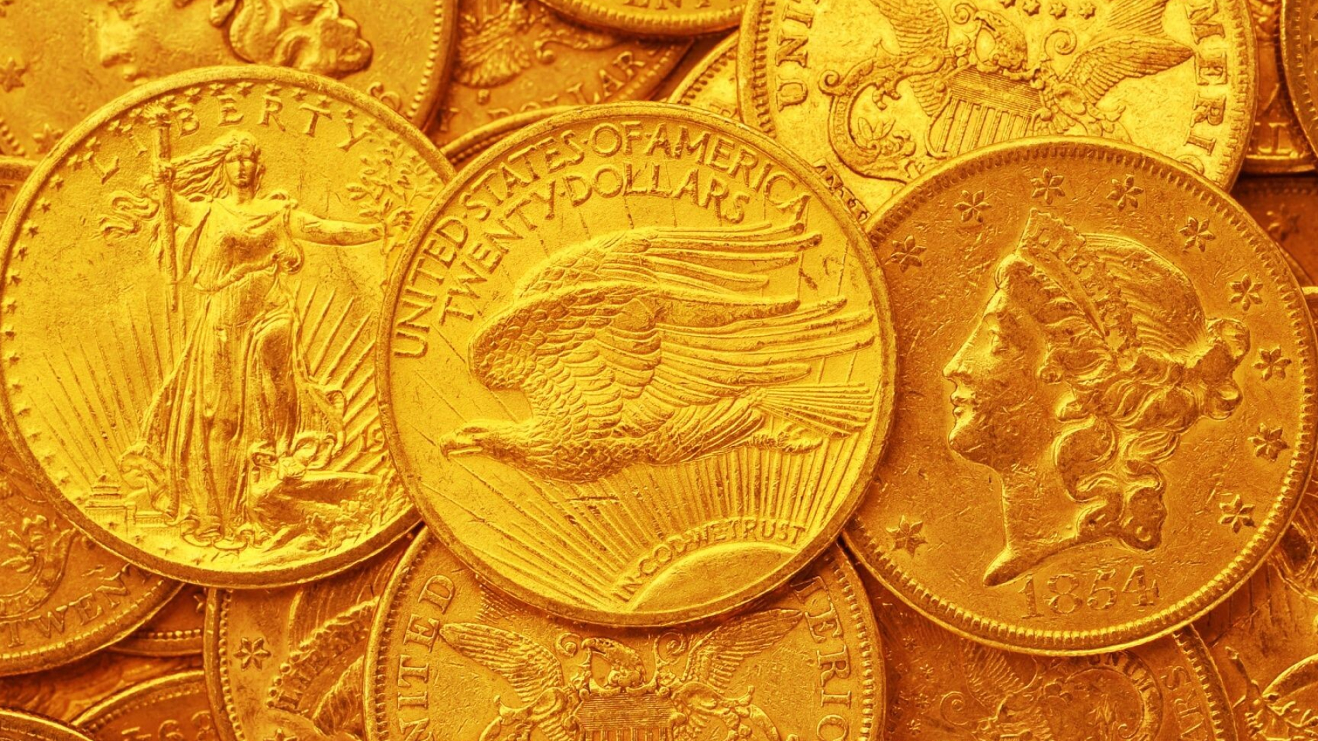 Gold Coins: American eagle, USA, The obverse design, The reverse depicts a soaring eagle. 1920x1080 Full HD Background.