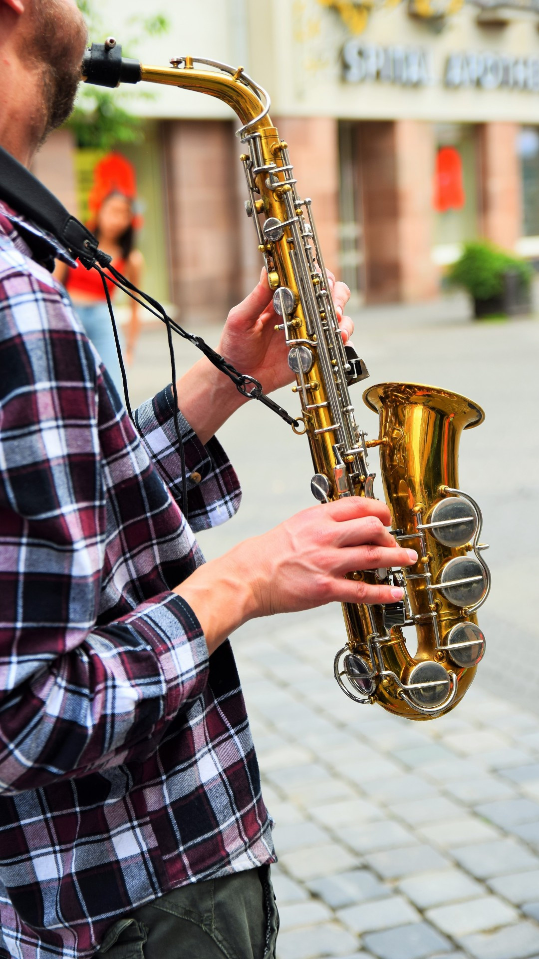 Saxophone: Street musician, A musical wind instrument consisting of a brass tube and a mouthpiece with one reed. 1080x1920 Full HD Wallpaper.