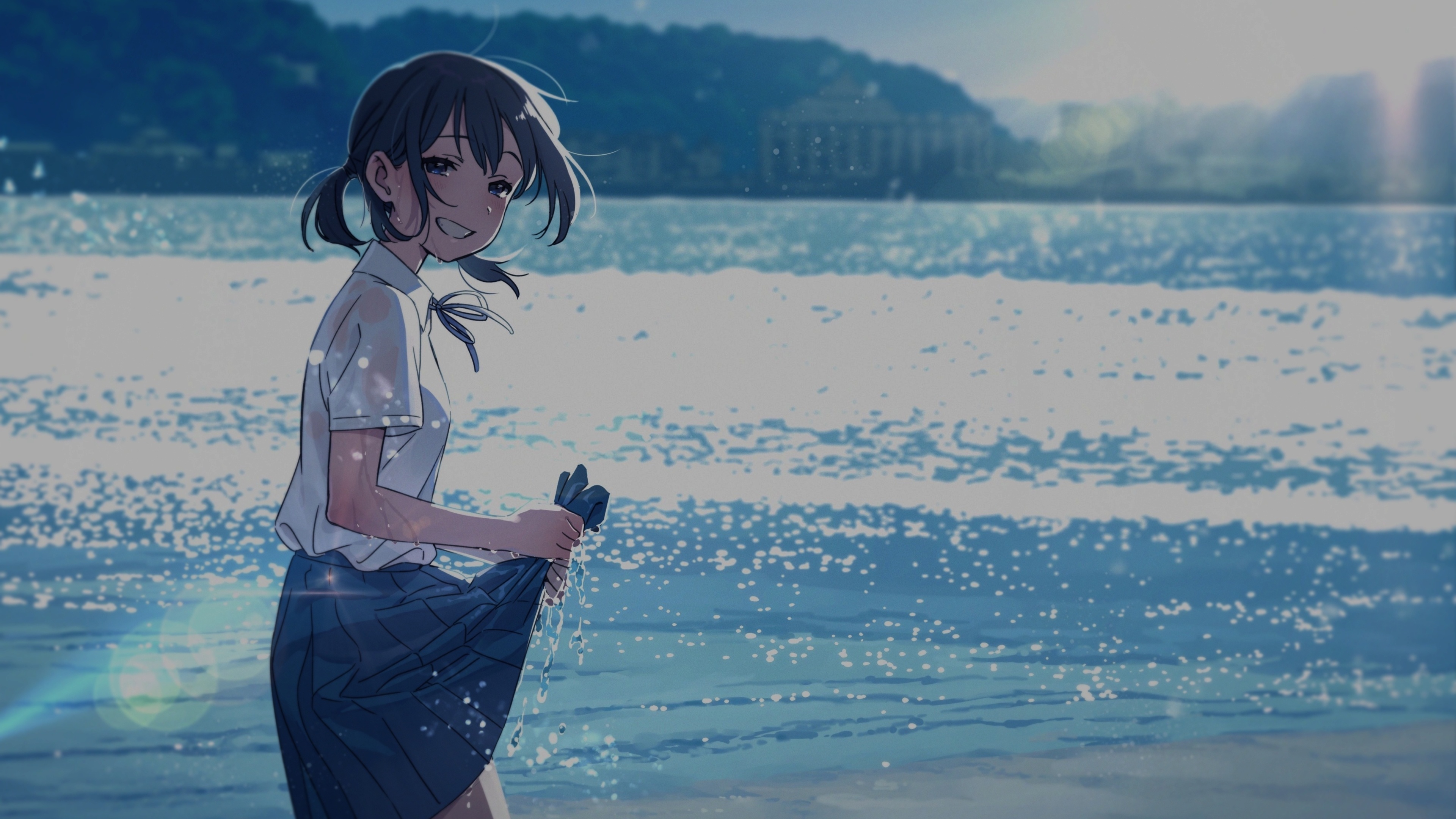 Anime Girl: Seaside, Artwork, School uniform. 3840x2160 4K Background.