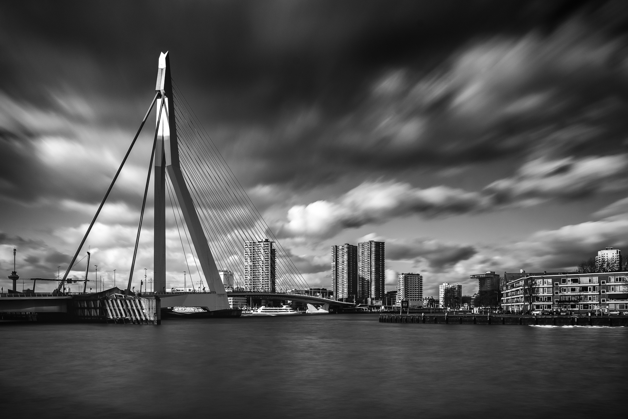 Rotterdam Skyline, Erasmus Brug bridge, Black and white, Long exposure, 2050x1370 HD Desktop