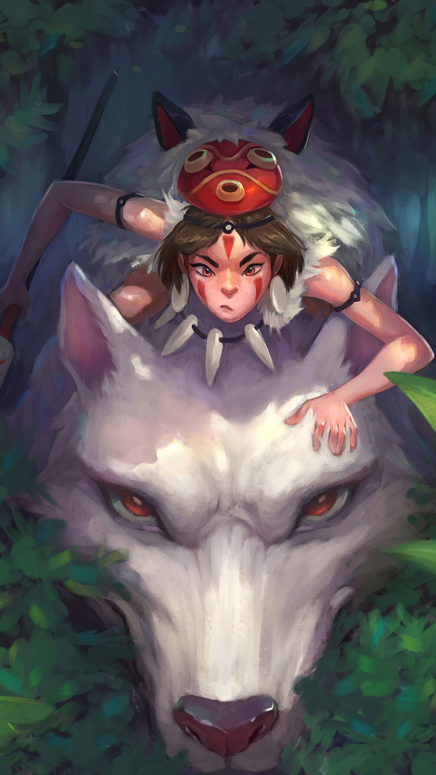 Princess Mononoke: San, The “Wolf Girl,” is the main character, along with Ashitaka. 1440x2560 HD Background.
