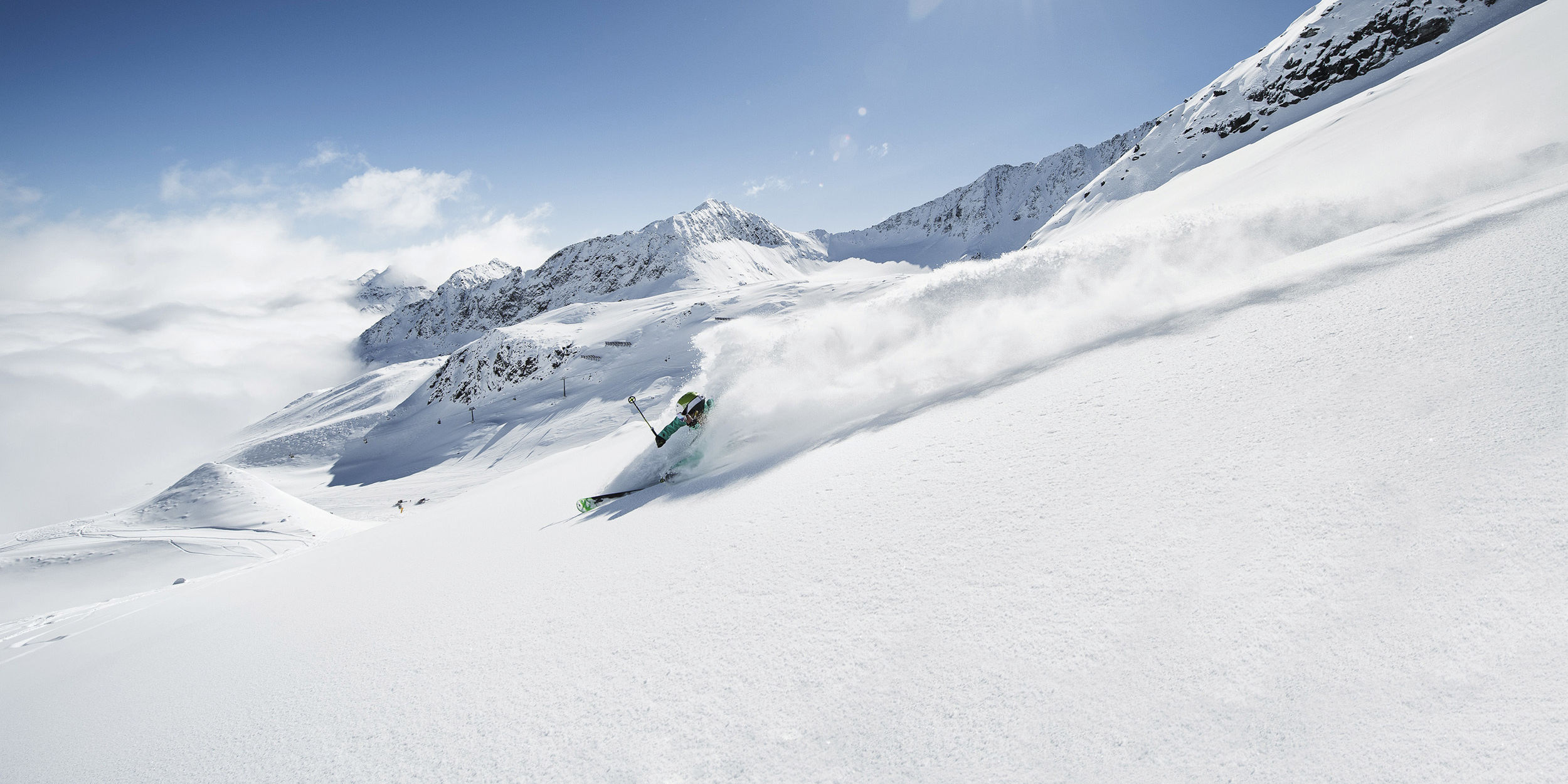 Skiing: Stubai Glacier, Hotel Bergcristall, Austria, The sport of gliding on a snow. 2500x1250 Dual Screen Wallpaper.