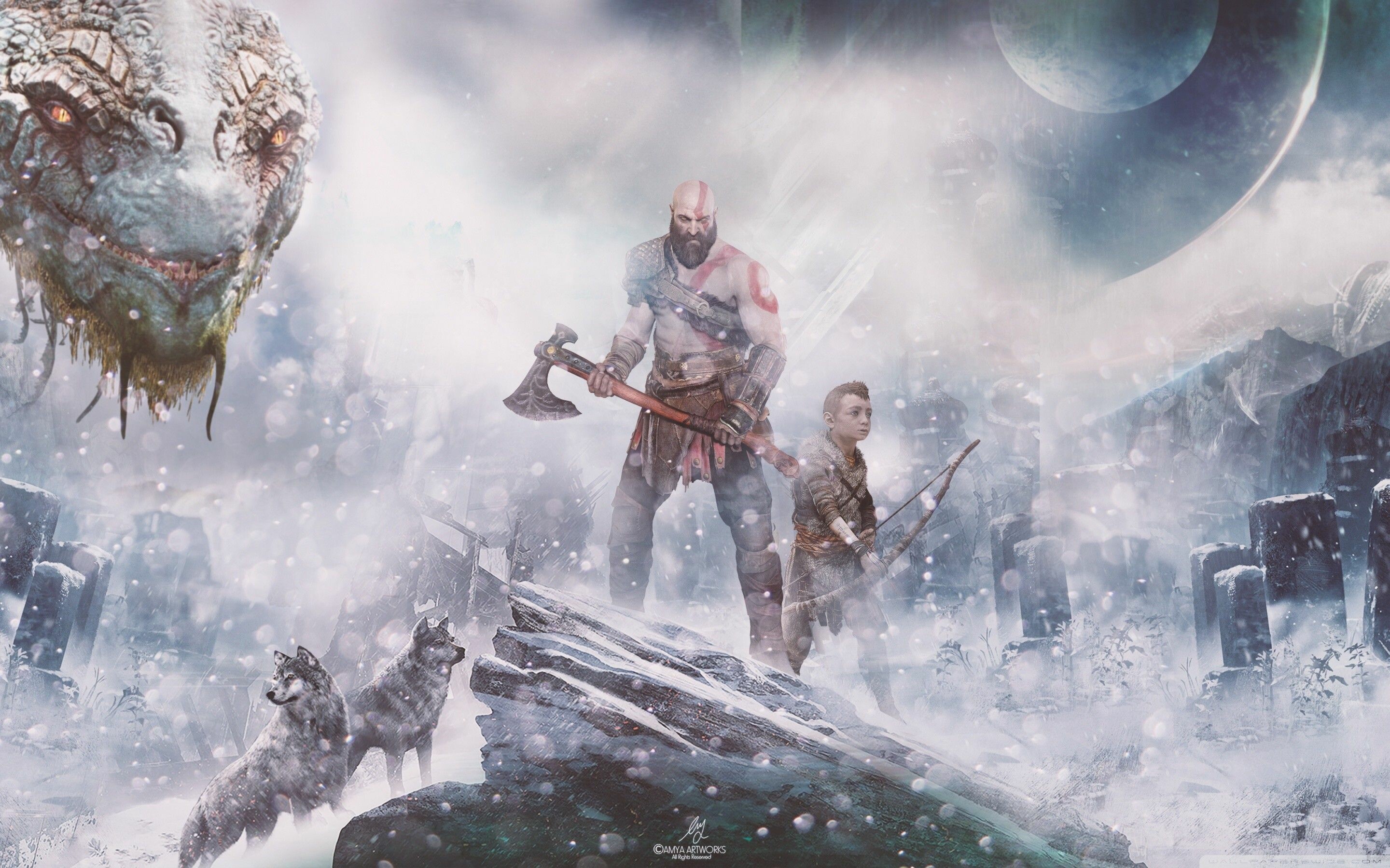 God of War: Ragnarok: The player primarily controls the character Kratos. 2880x1800 HD Background.
