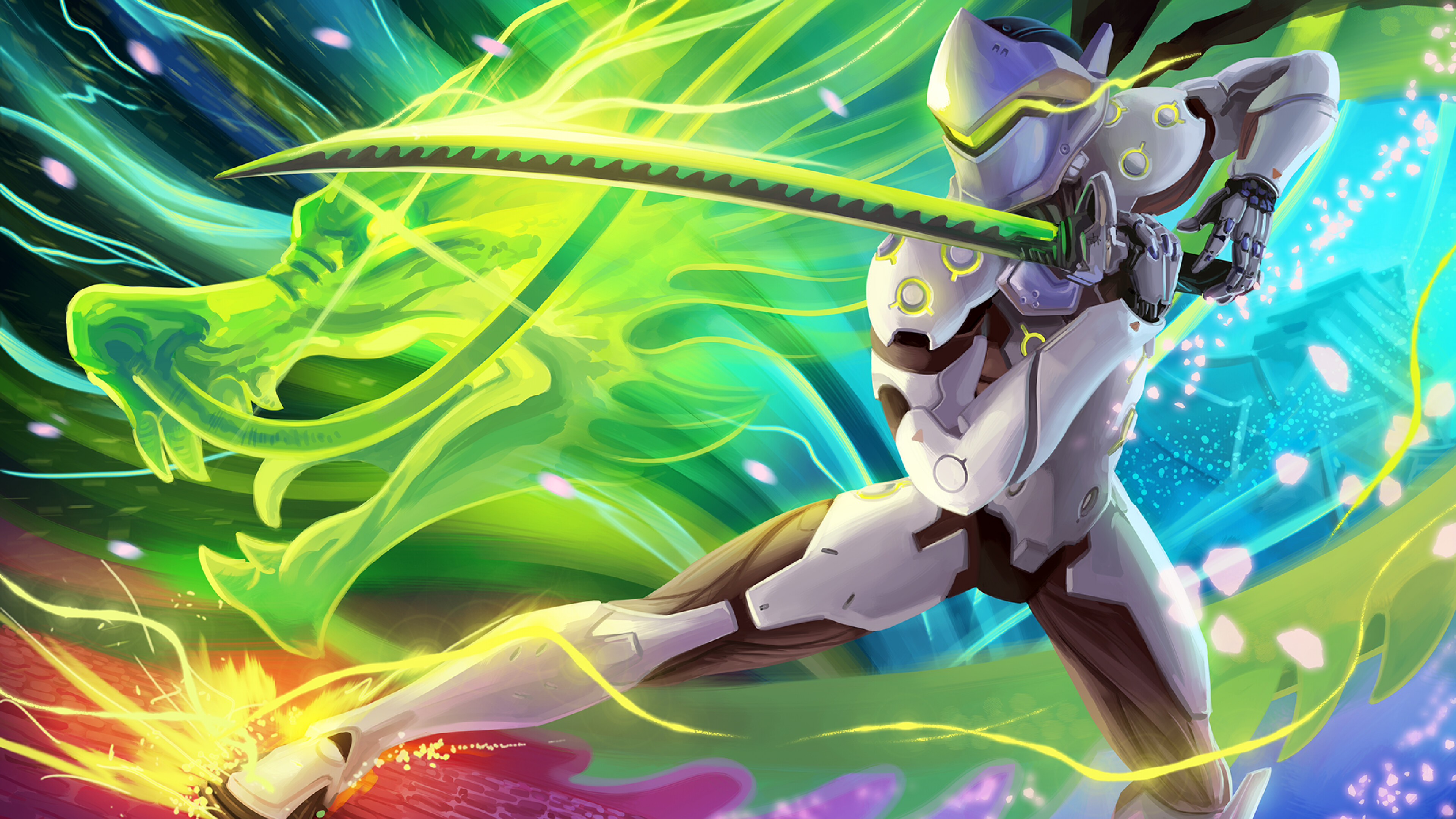 Genji: Dragon Blade, Shuriken is Sparrow's primary weapon, Overwatch hero. 3840x2160 4K Background.