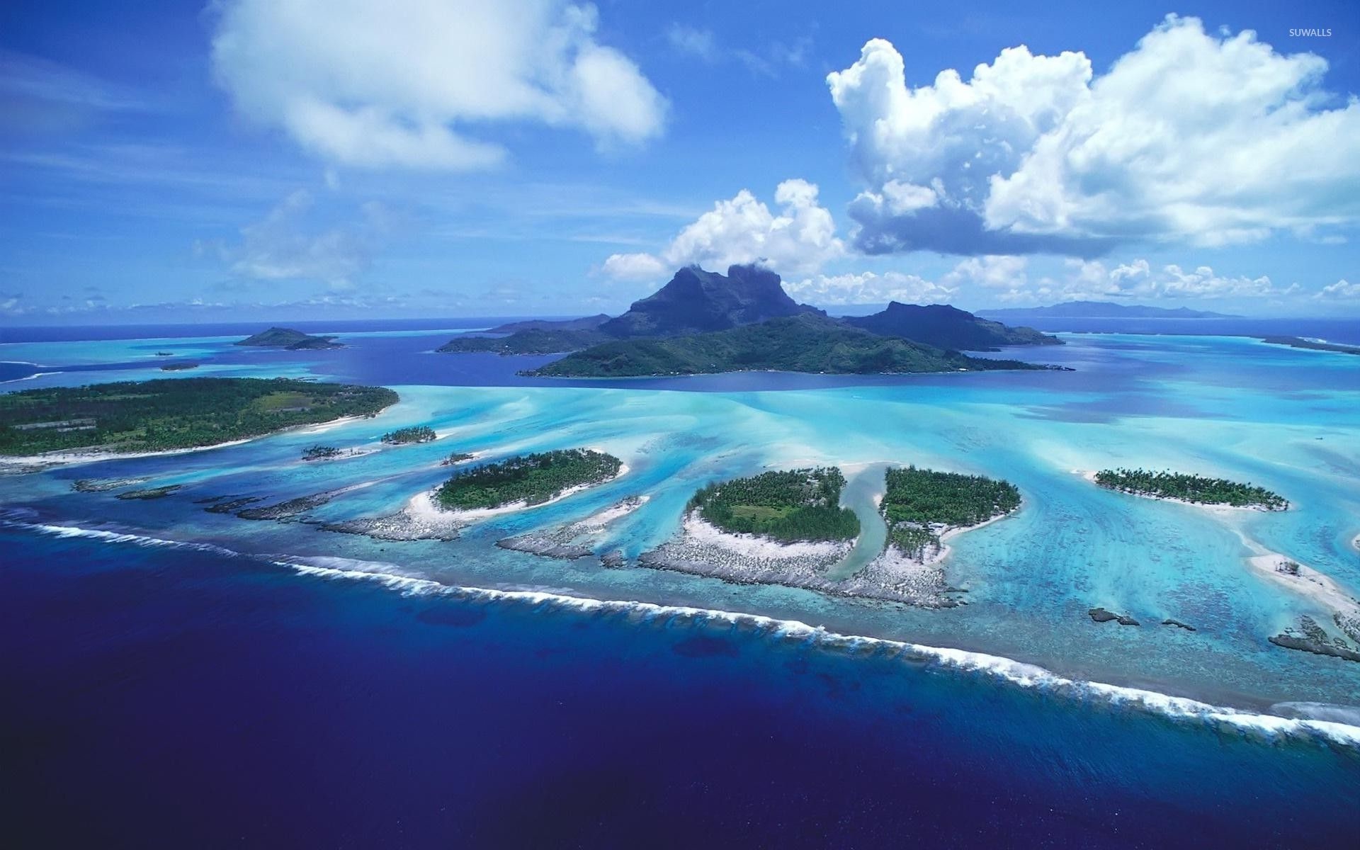 Bora Bora: French Polynesian island, measuring 38 km2 in area, Ariel view. 1920x1200 HD Background.