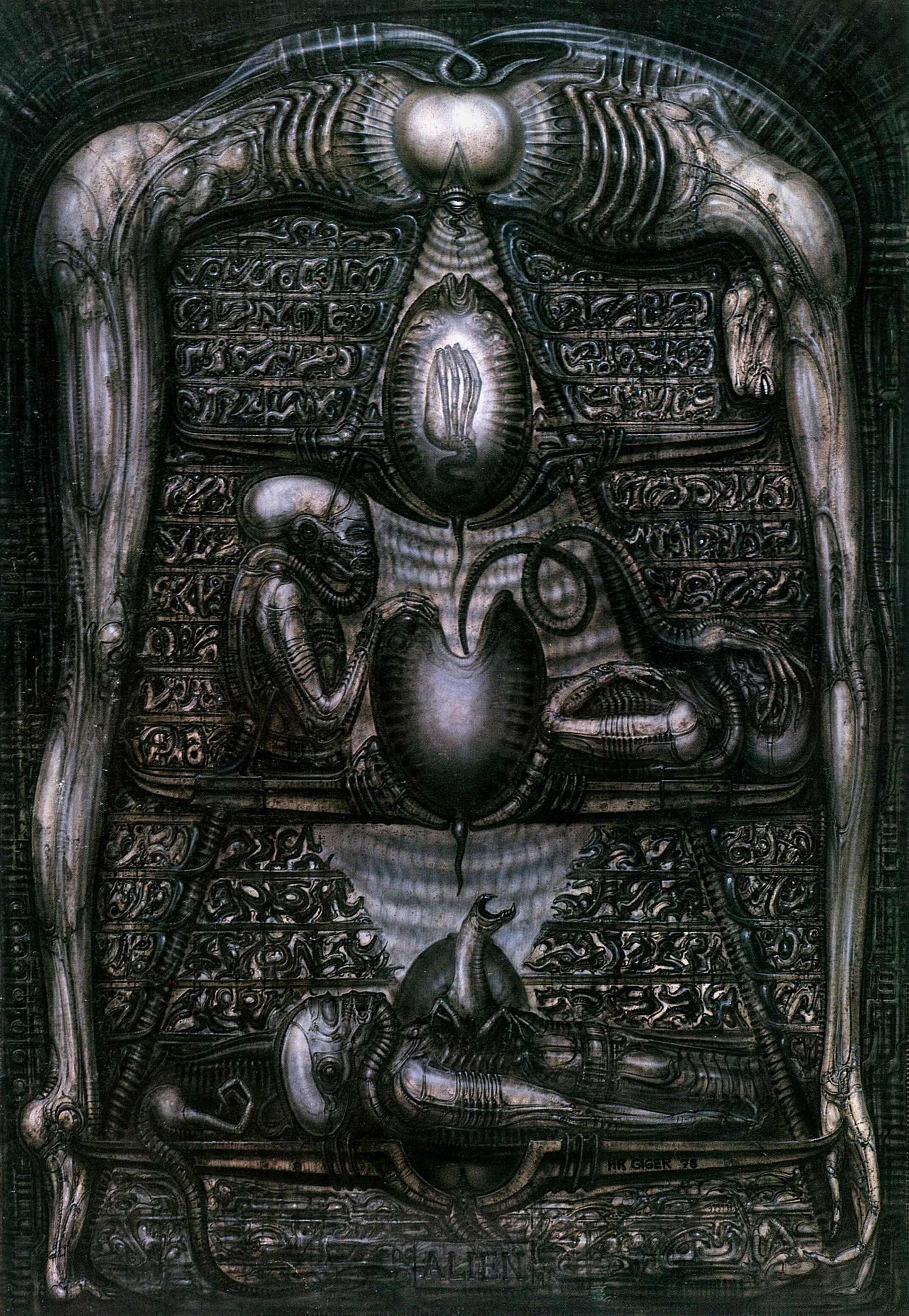 H.R. Giger: Alien vs. Predator Film, Bas-Relief In The Temple Of The Hunters, Life Circle Of Xenomorphs. 2150x3110 HD Background.