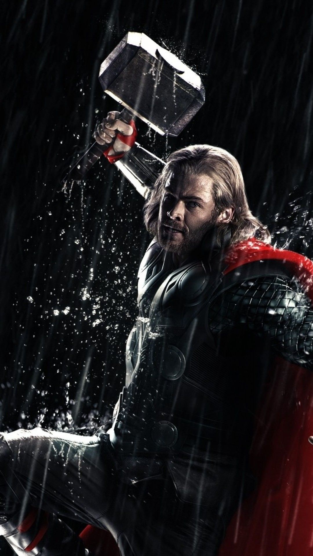 Chris Hemsworth, Thor, Hammer, Rainy scene, 1080x1920 Full HD Handy