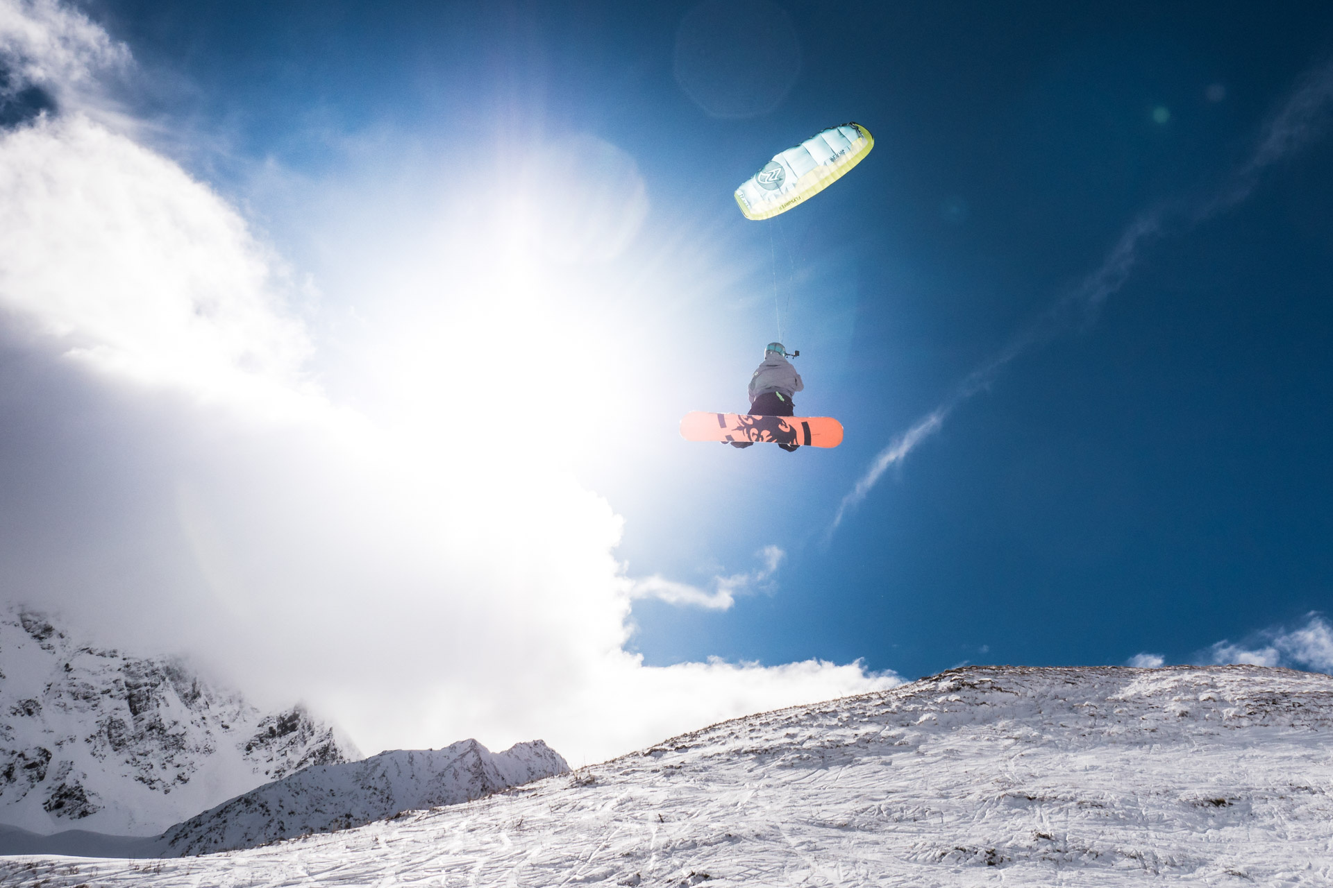 Kiteboarding: Kite snowboarding, Mountains, Extreme sports, Wind power. 1920x1280 HD Background.