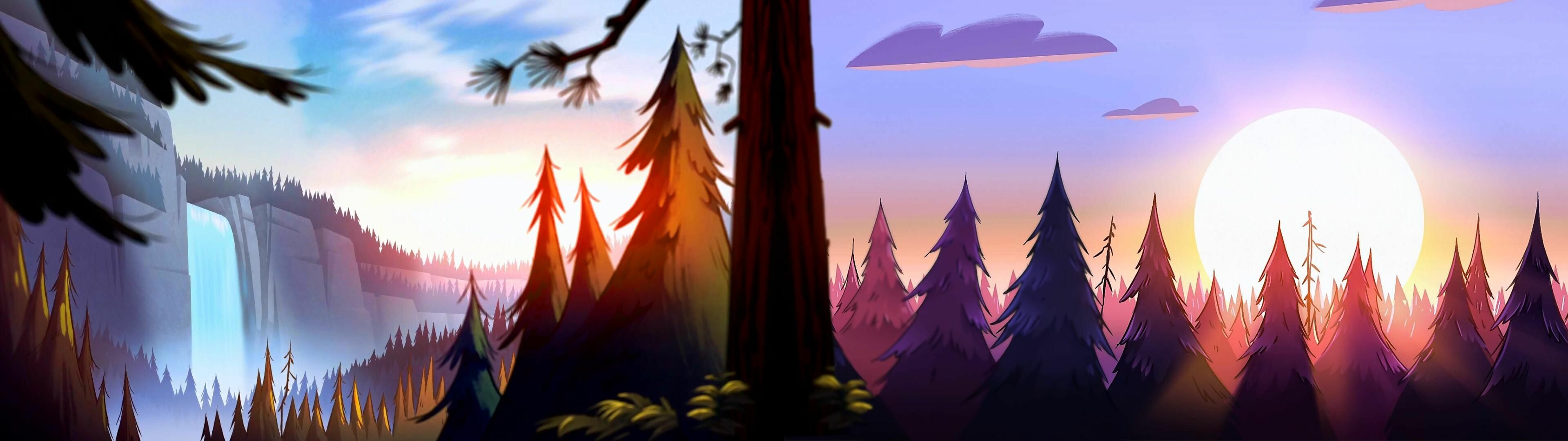 Gravity Falls: A mysterious town full of paranormal incidents and supernatural creatures. 3840x1080 Dual Screen Wallpaper.