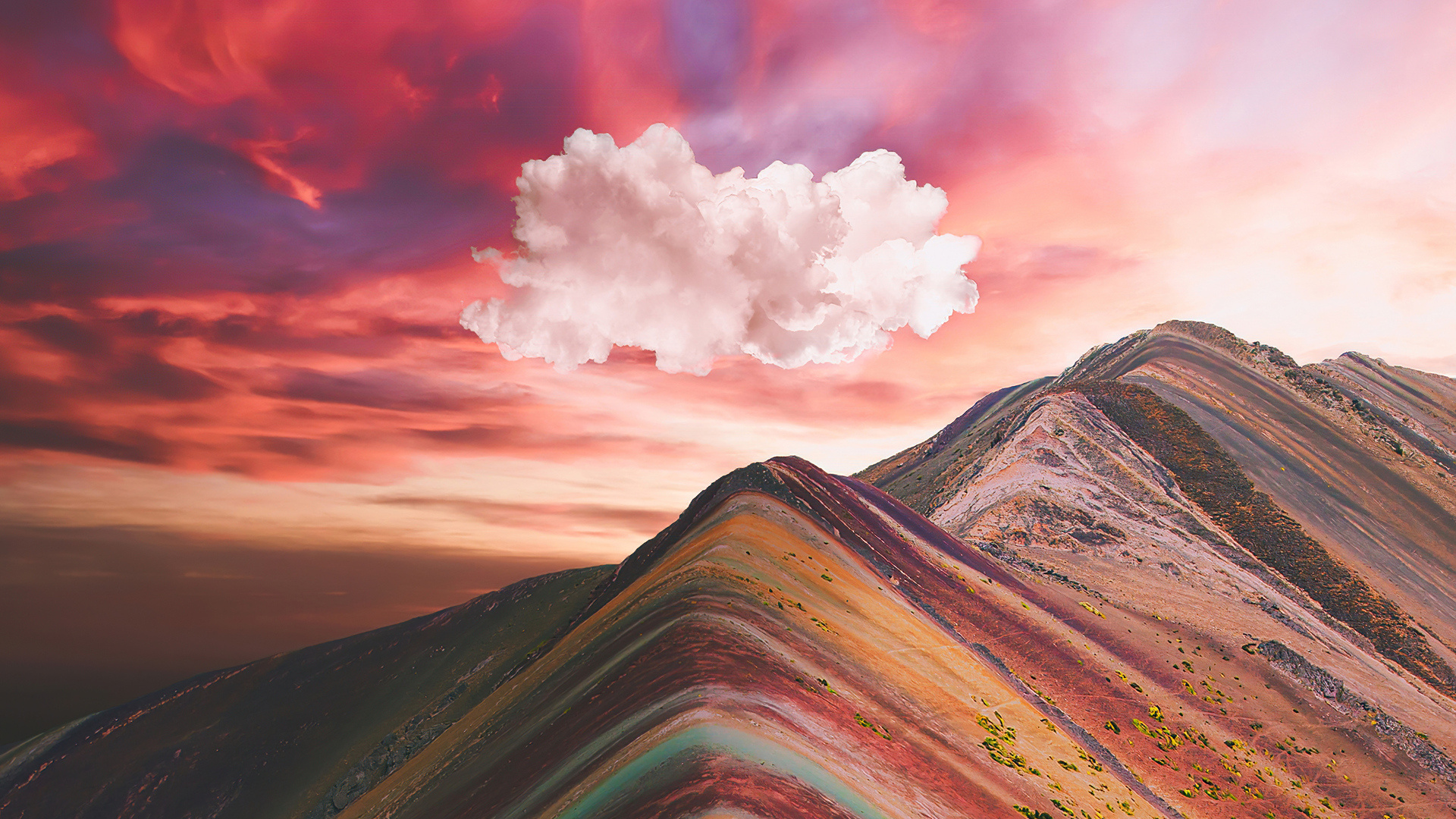 Vinicunca Rainbow Mountain, Majestic landscapes, Cloudy skies, Nature's wonders, 1920x1080 Full HD Desktop