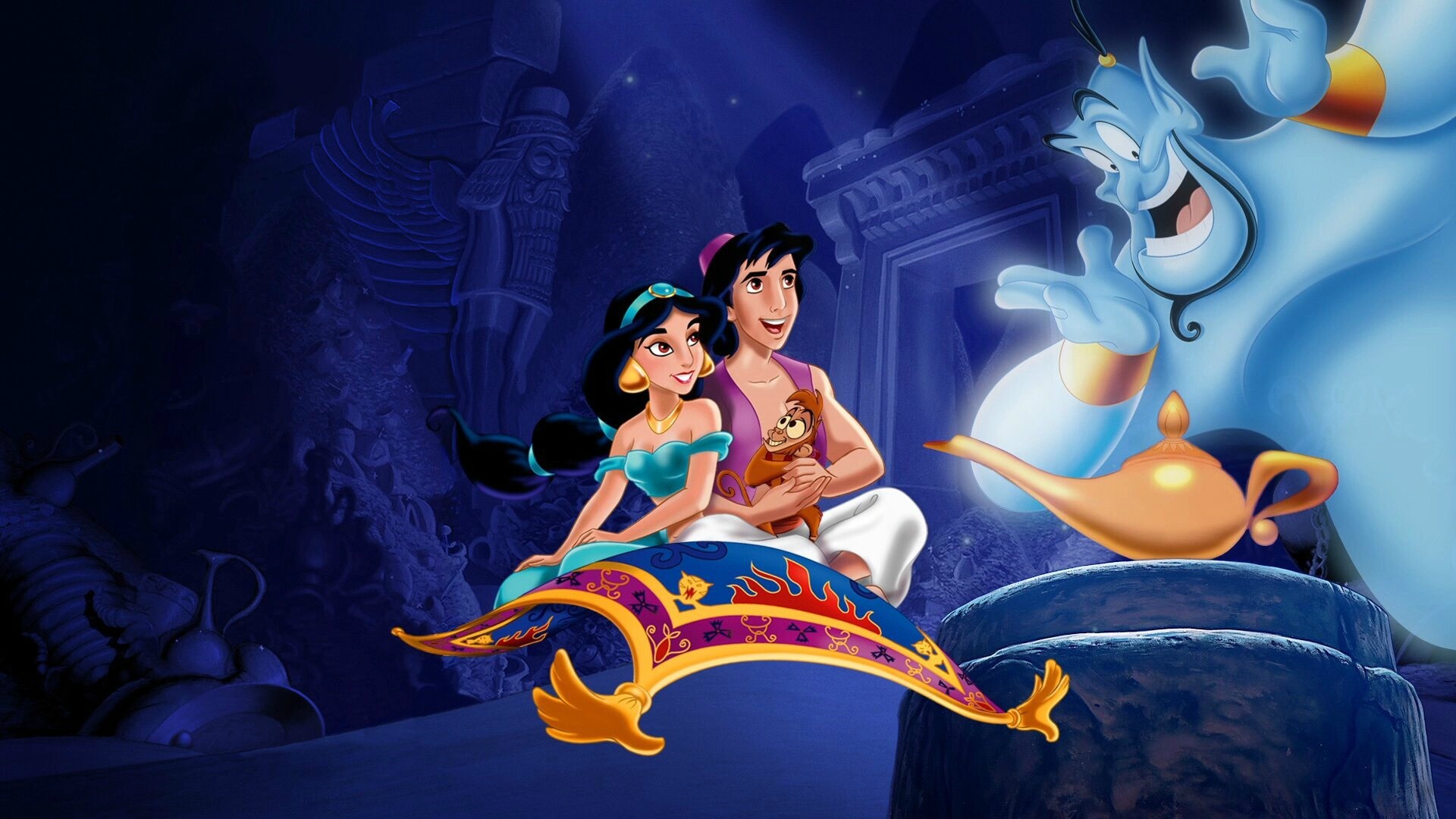 Aladdin (Cartoon): Monkey Abu, Jasmine, Flying carpet, Disney. 1920x1080 Full HD Wallpaper.