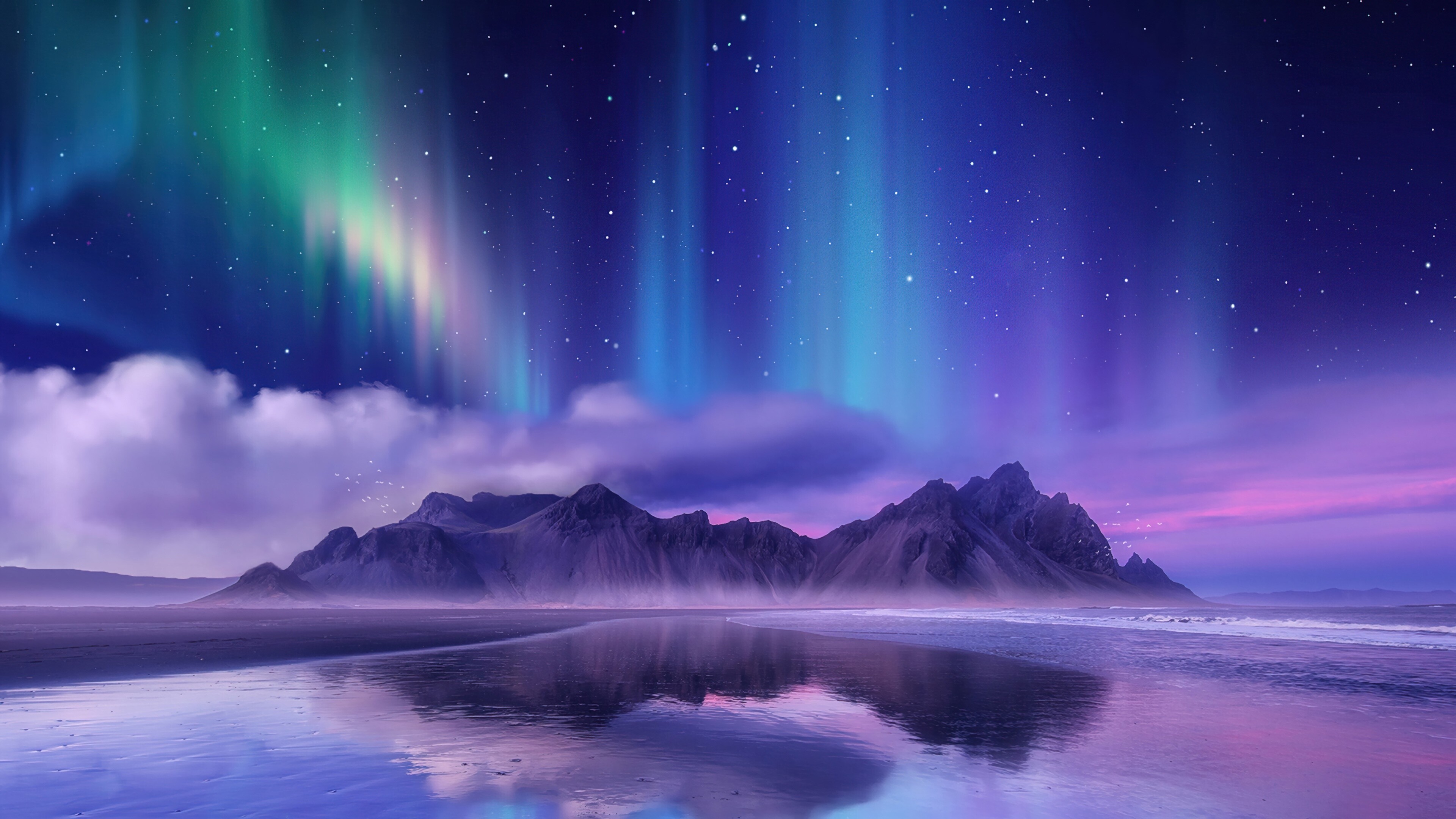 Aurora Borealis: Polar lights, seen in high-latitude regions, Landscape. 3840x2160 4K Background.