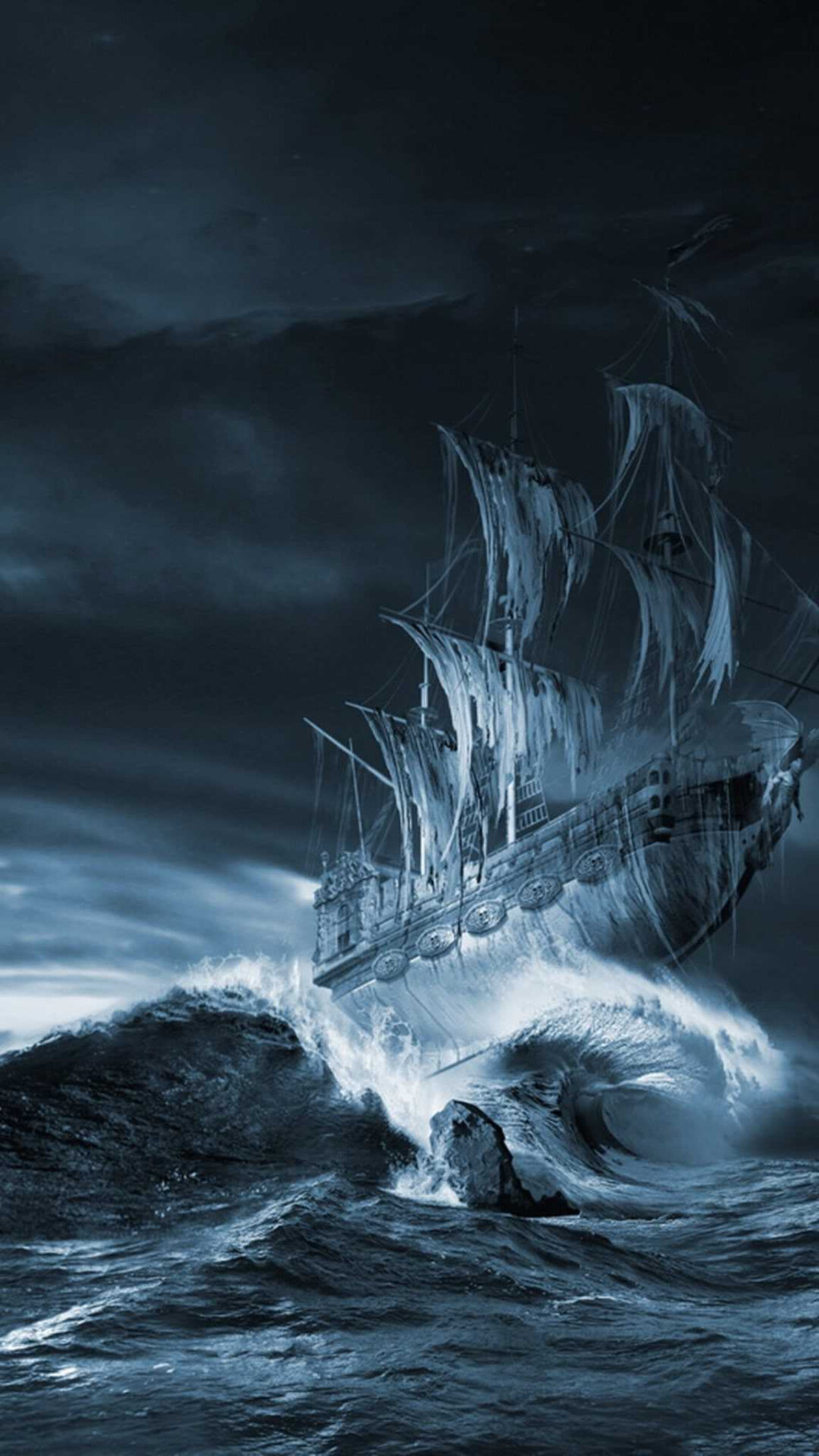 Ghost Ship: A shipwreck at the coast of the ocean, The front part of a commercial vessel. 1080x1920 Full HD Background.