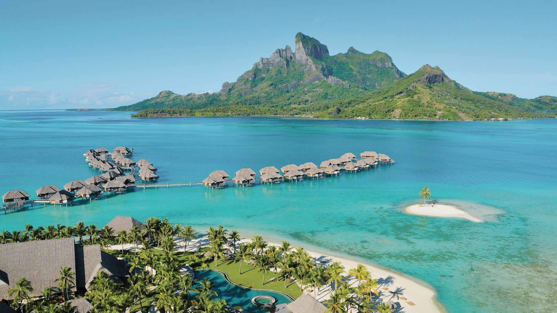 Bora Bora: The most famous island in Polynesia, A place of remarkable beauty, secluded luxury and turquoise waters. 1920x1080 Full HD Background.