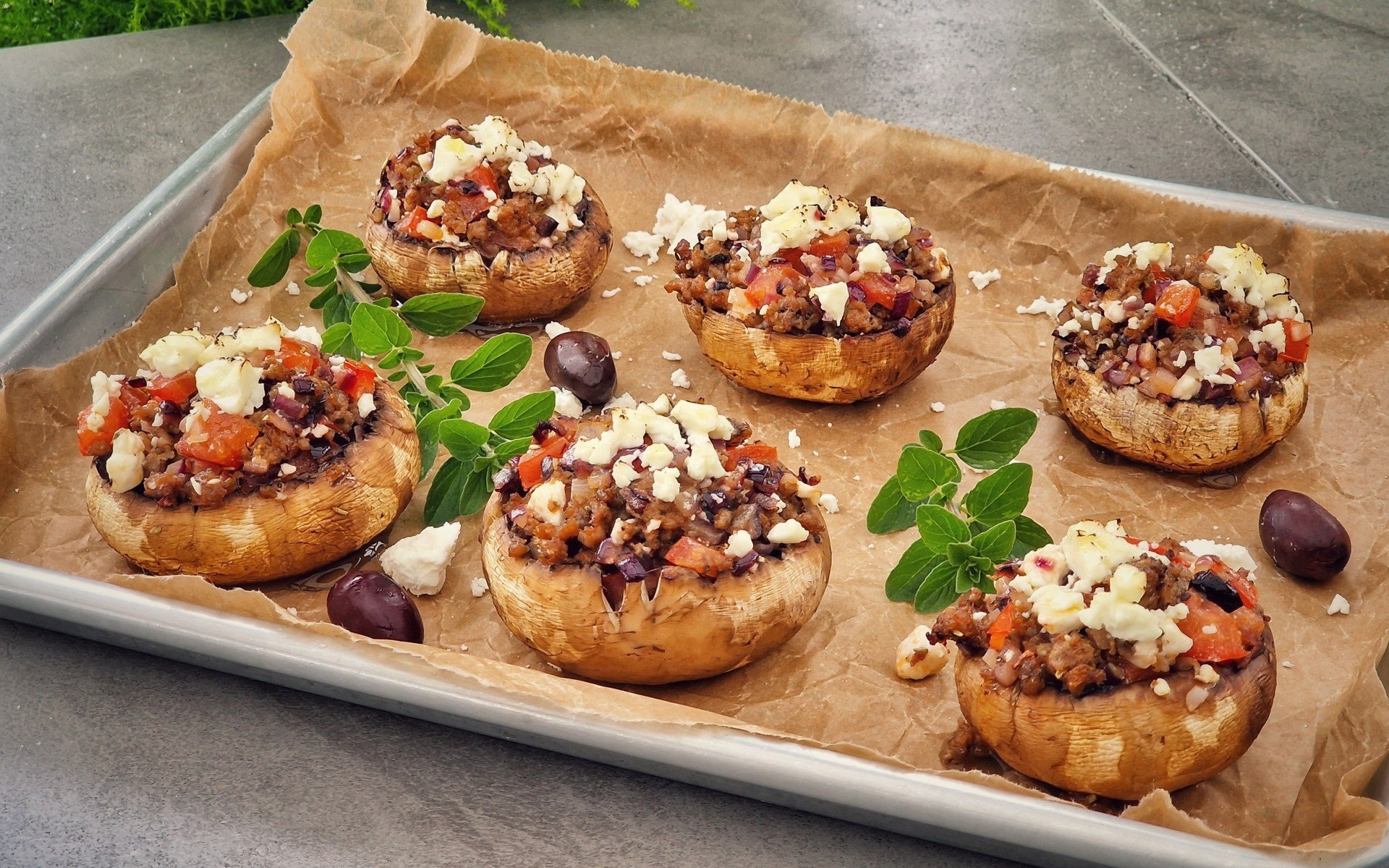 Greek-style stuffed mushrooms, Mediterranean flavors, Savory appetizer, Vegan delight, 1920x1200 HD Desktop
