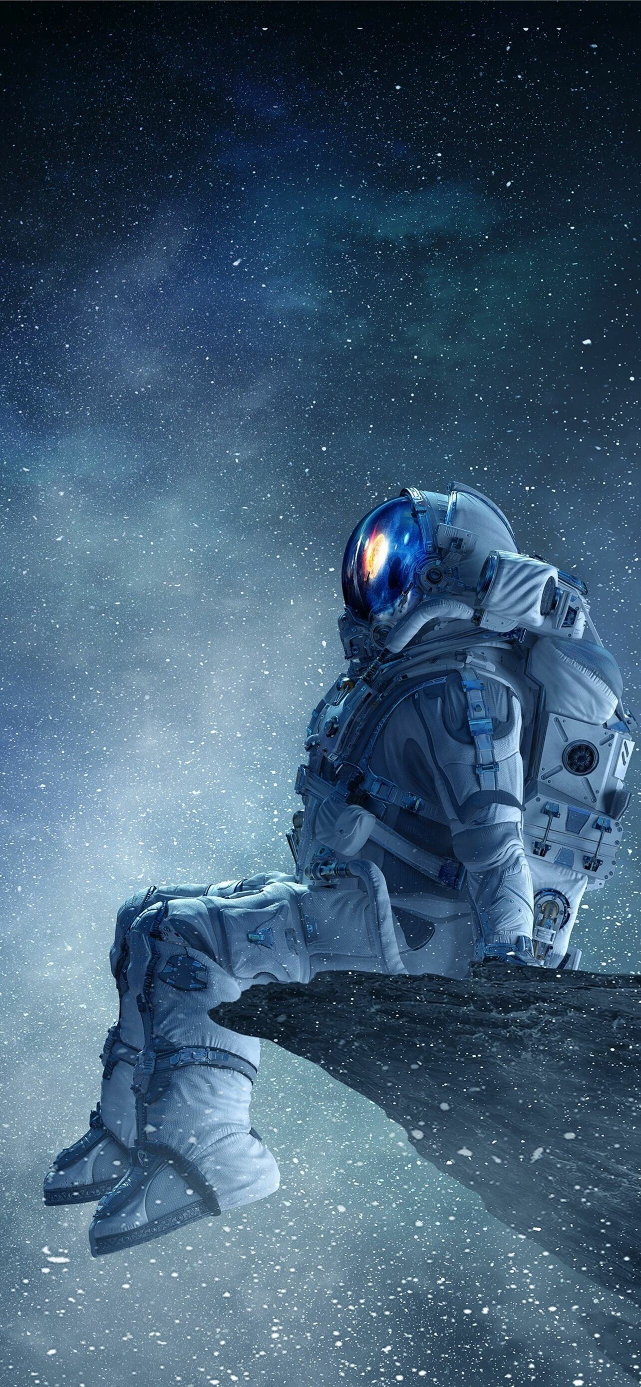 Astronaut: Extravehicular activity, Outer space, Callisto, Cosmic dust. 1290x2780 HD Background.