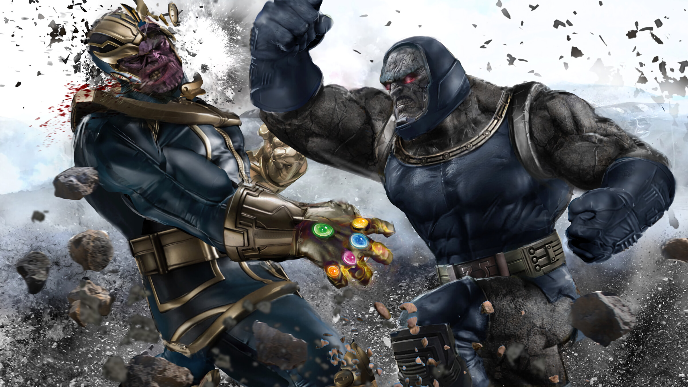 DC vs. Marvel: Darkseid/Uxas vs Thanos, The Infinity Gauntlet, Supervillains. 2400x1350 HD Background.