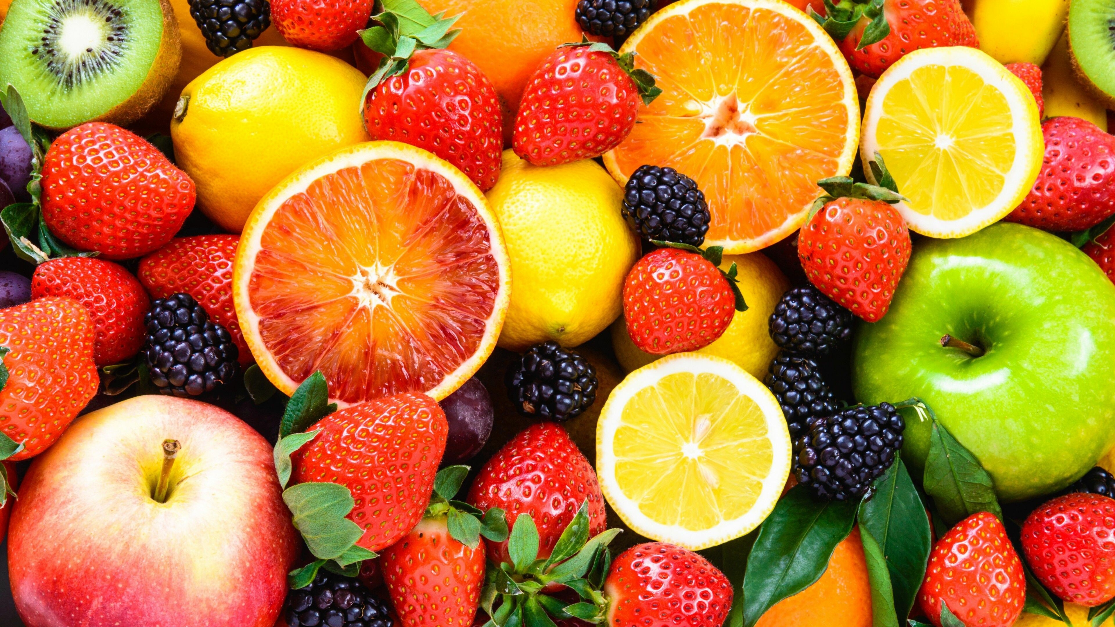 Fruit: Berries, Apples, Oranges, A mix of assorted fruits. 3840x2160 4K Wallpaper.