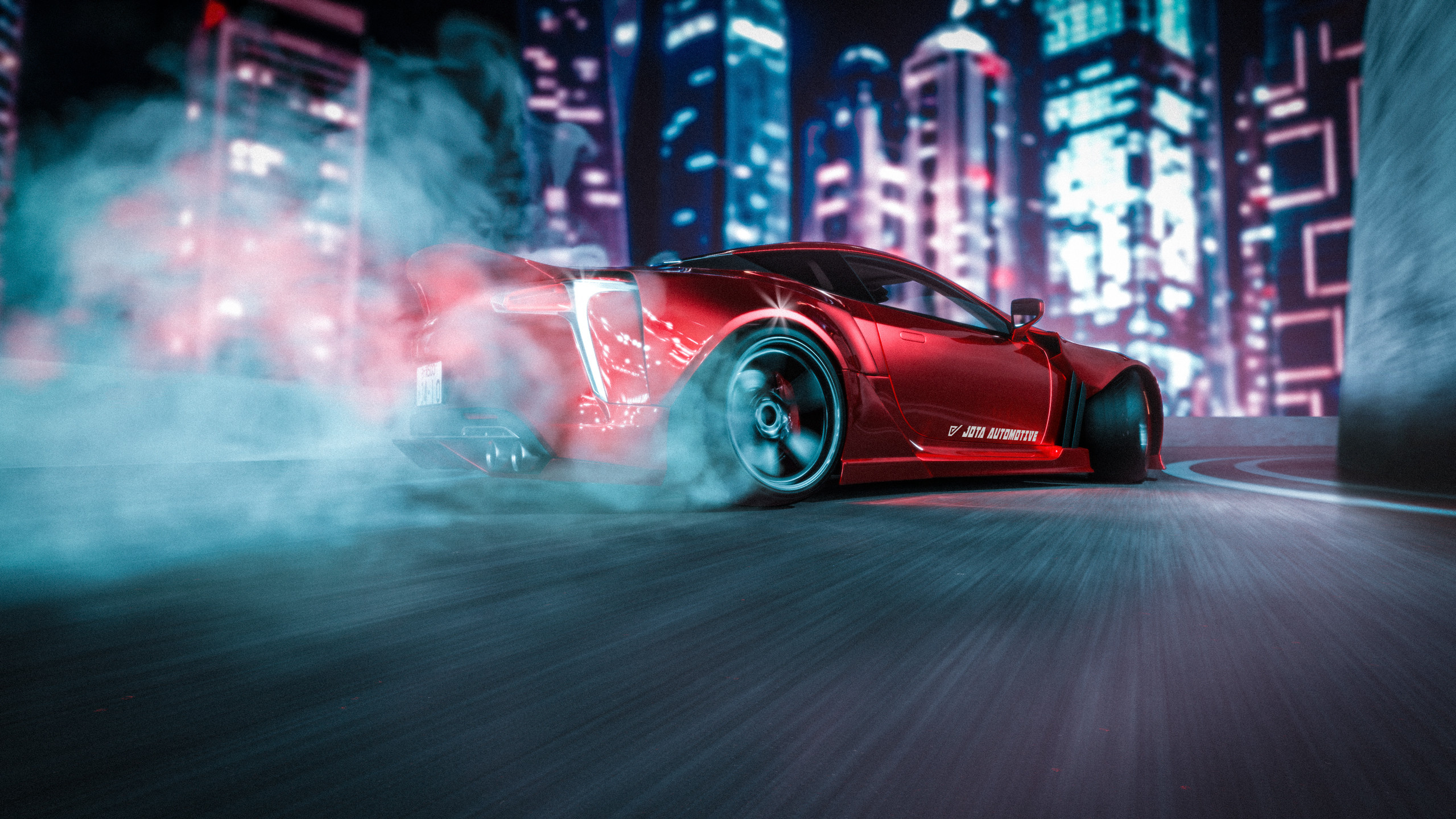Drifting: Red Lexus LC 500, Racing in the city at night, Smoking tires. 2560x1440 HD Wallpaper.