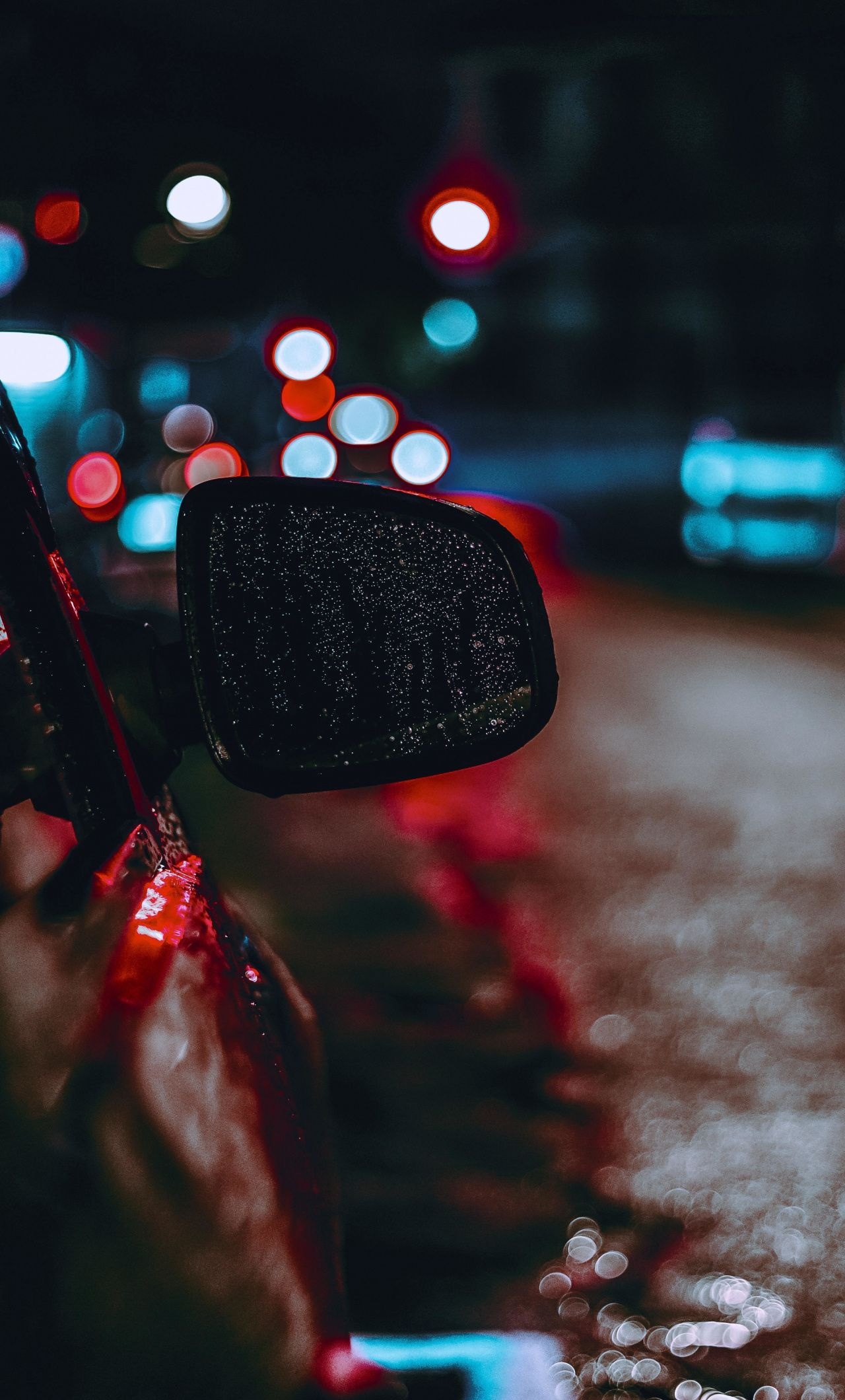 Mirror: Car's side looking glass, Urban night, Rain drops, Bokeh, Reflection. 1280x2120 HD Background.