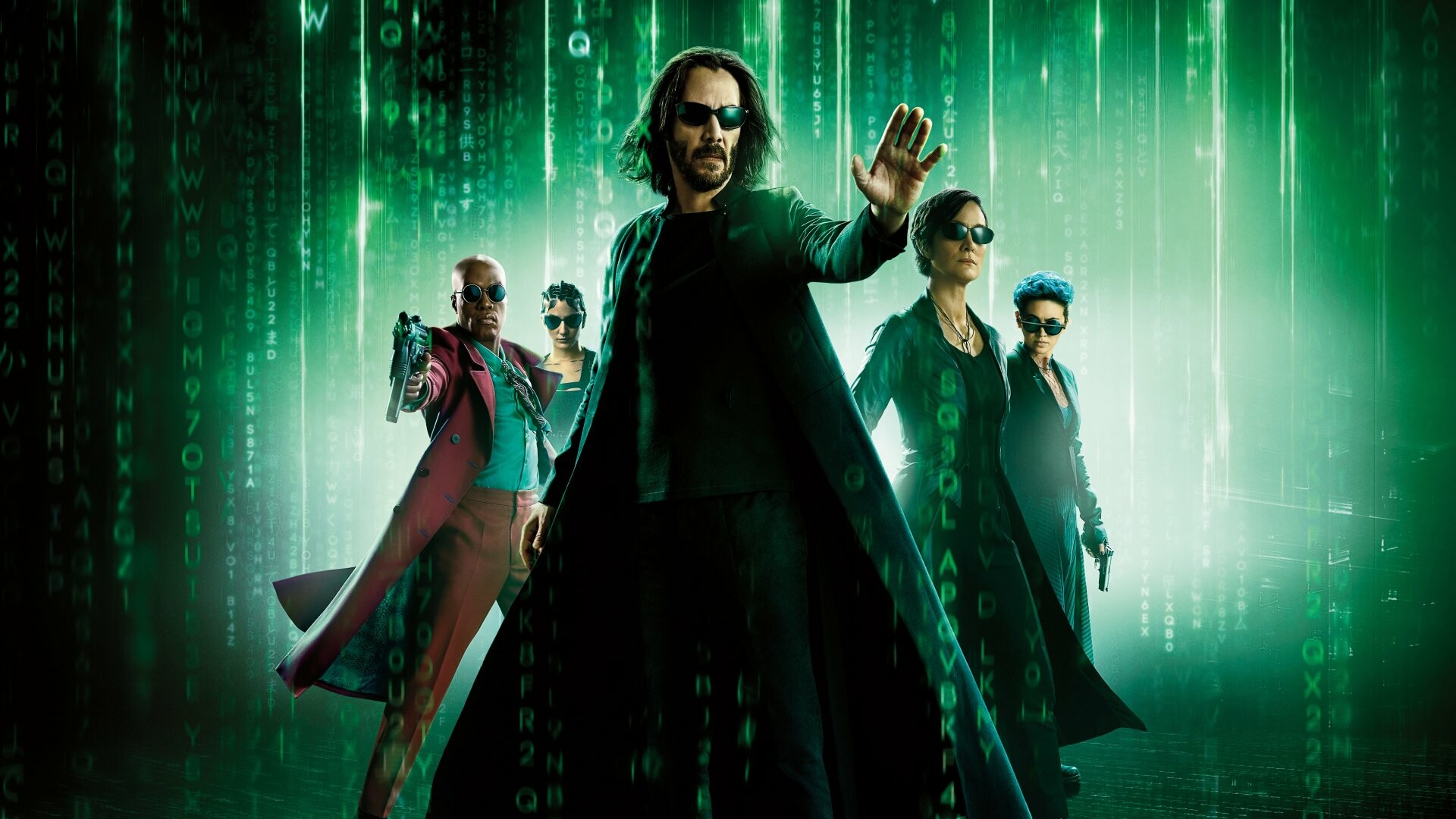 The Matrix Resurrections: Keanu Reeves, Carrie-Anne Moss, and Jada Pinkett Smith reprise their roles from the previous films. 1920x1080 Full HD Background.