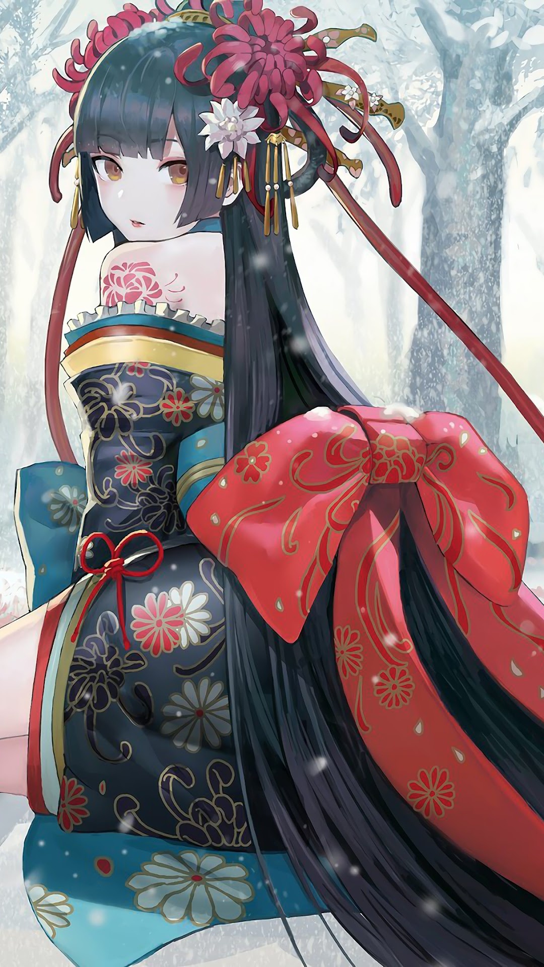 Kimono anime girl, Snowy scenery, iPhone wallpaper, 4K image, 1080x1920 Full HD Phone