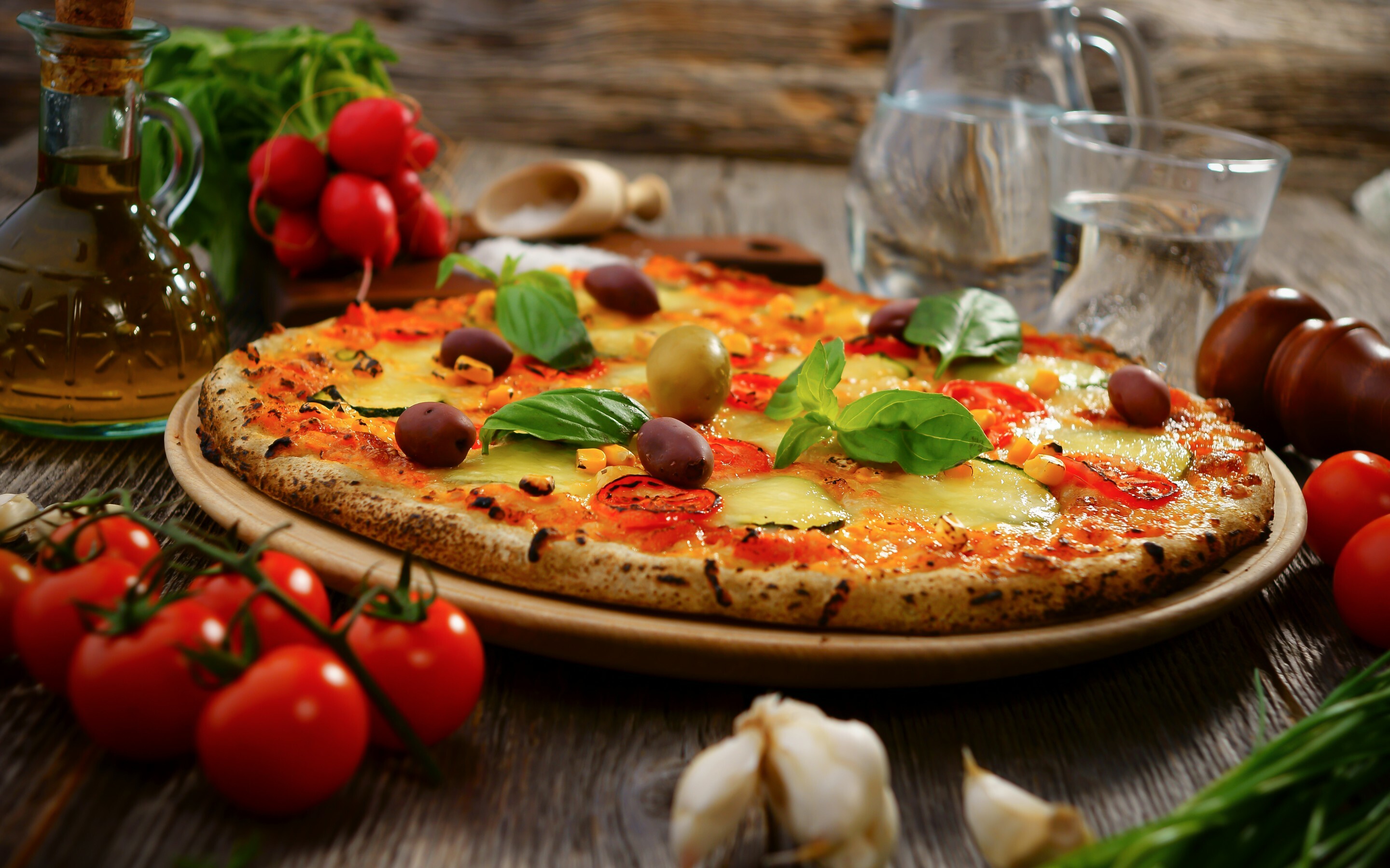 Pizza: Italian dish, Covered variously with herbs, fresh vegetables. 2880x1800 HD Background.