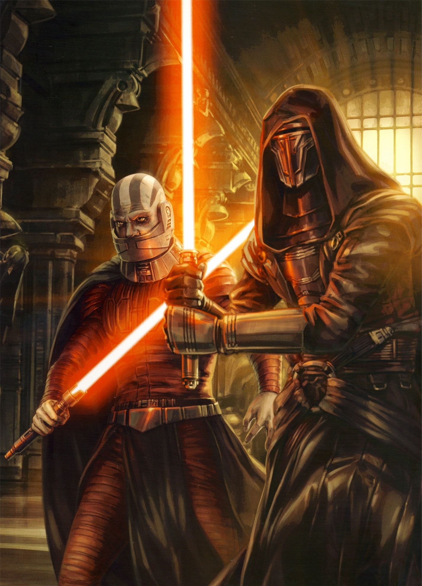 Lightsabers in action, Darth Revan's legacy, Sith Lords confrontation, Star Wars artistry, 1430x1980 HD Phone