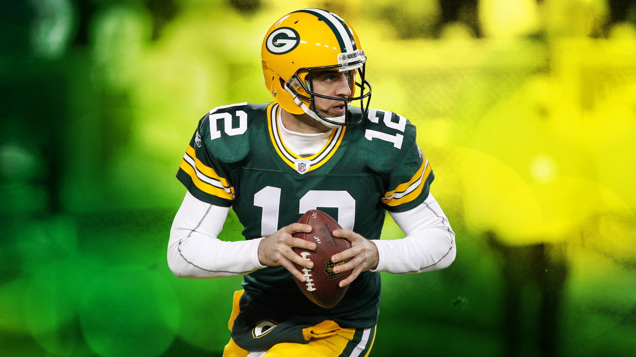 Green Bay Packers: Aaron Rodgers, league MVP for the 2011, 2014, 2020 and 2021 NFL seasons. 2560x1440 HD Background.