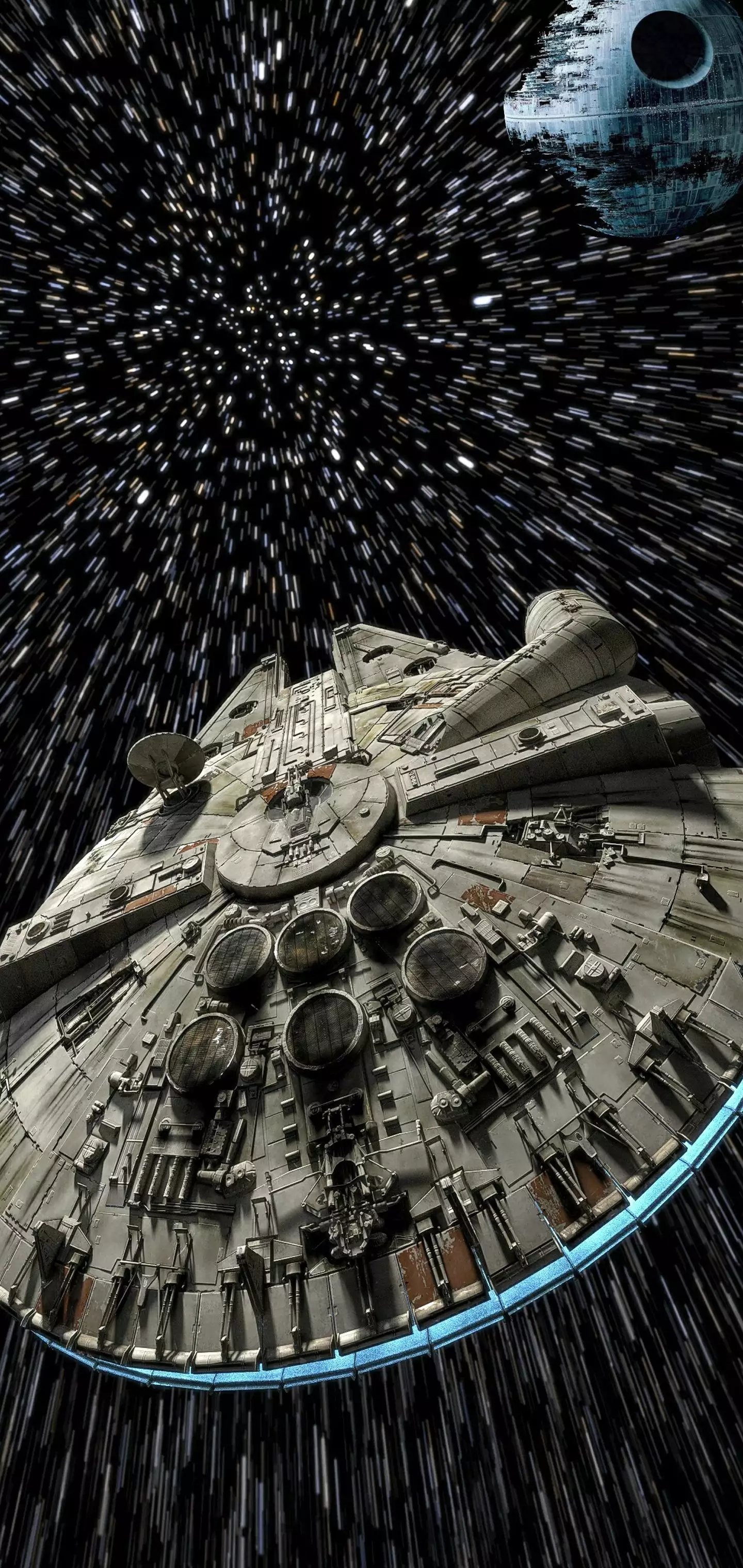 Millennium Falcon passes the Death Star, Galaxy S10 wallpaper, Star Wars spaceship, Hyperspace journey, 1440x3040 HD Handy