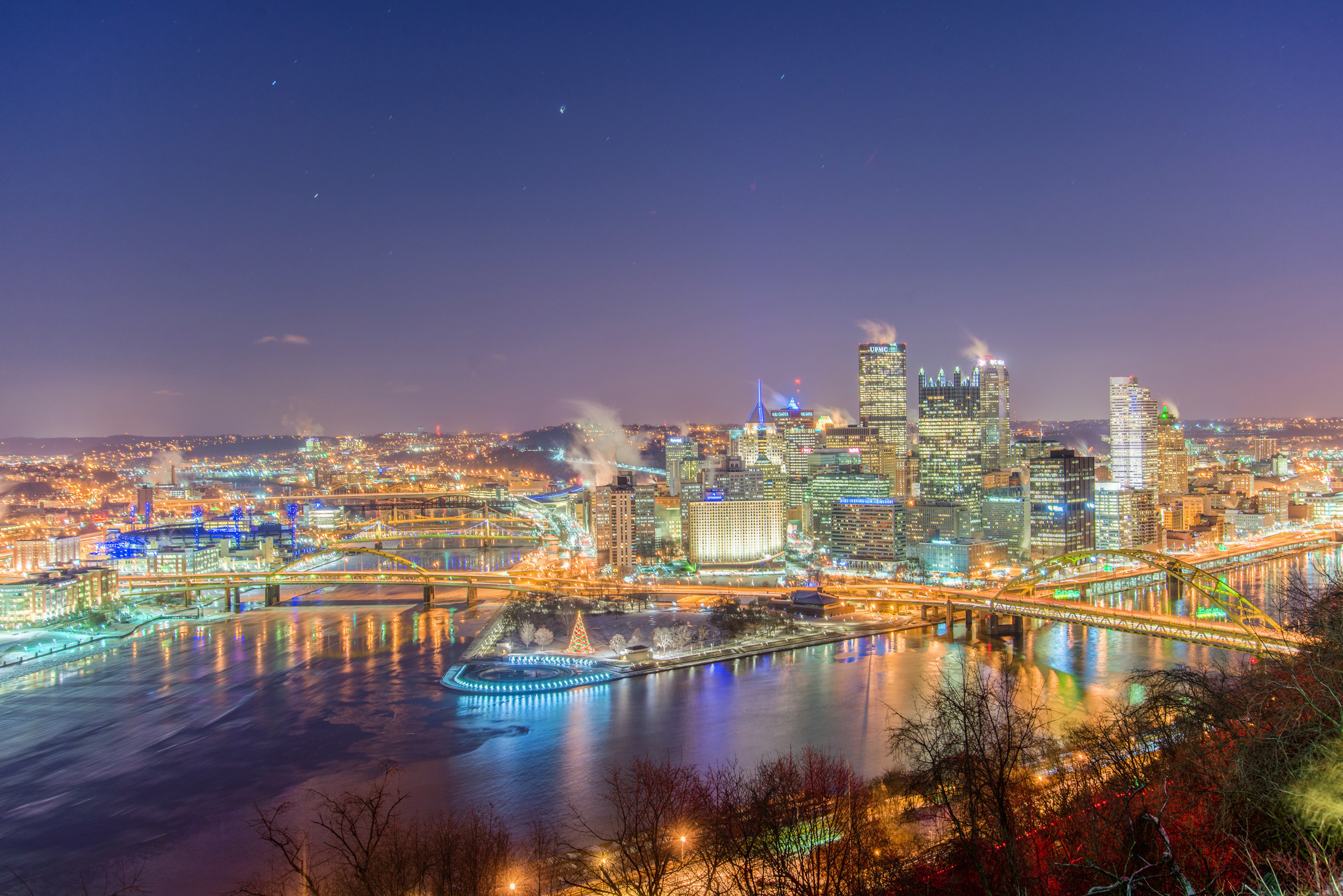 Pittsburgh Skyline, Night view, Winter landscape, Allegheny River, 2400x1610 HD Desktop
