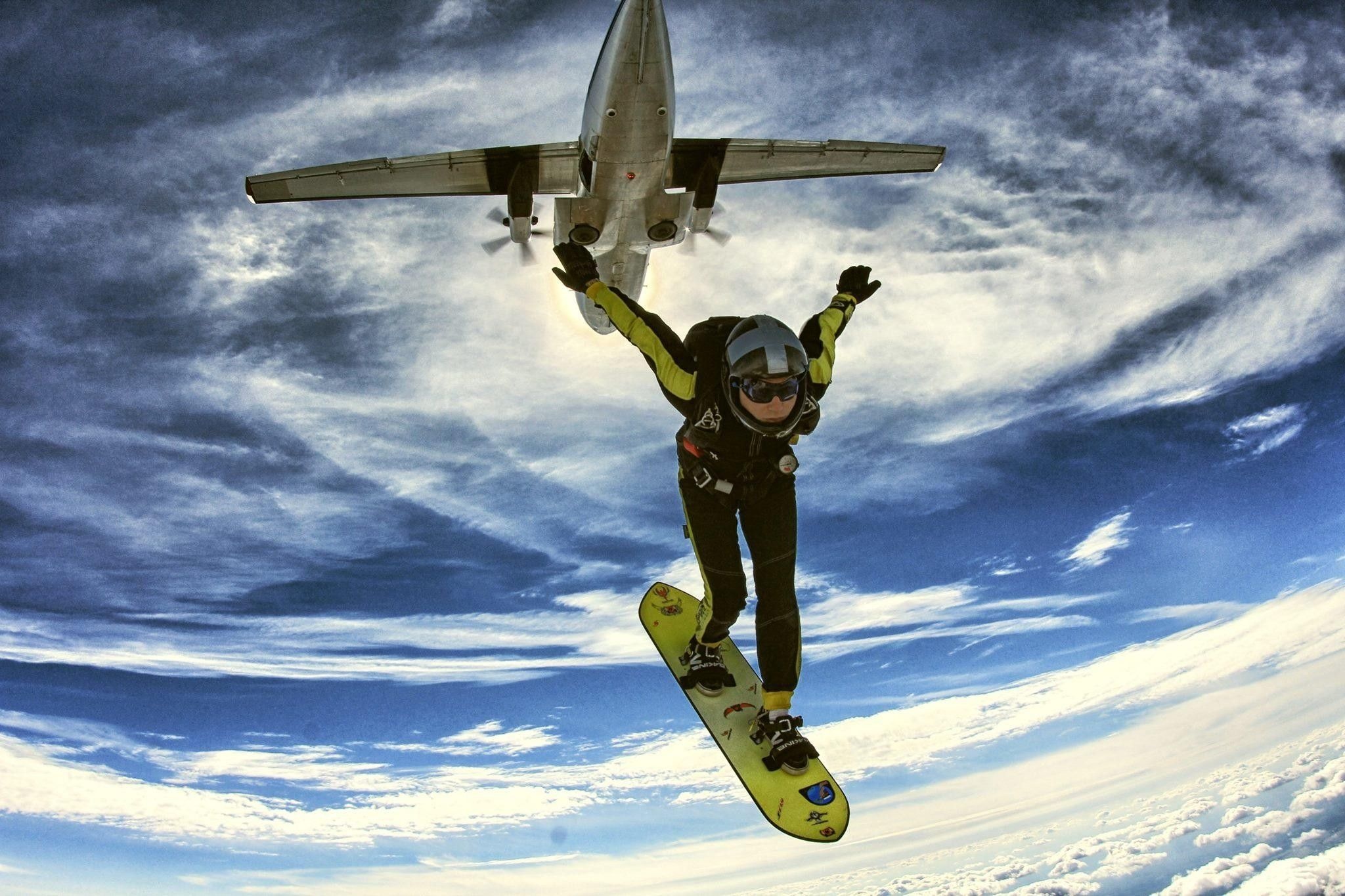 Skysurfing: Freestyle skydiving, Two-person team, Skydiver and camera operator teammate. 2050x1370 HD Background.