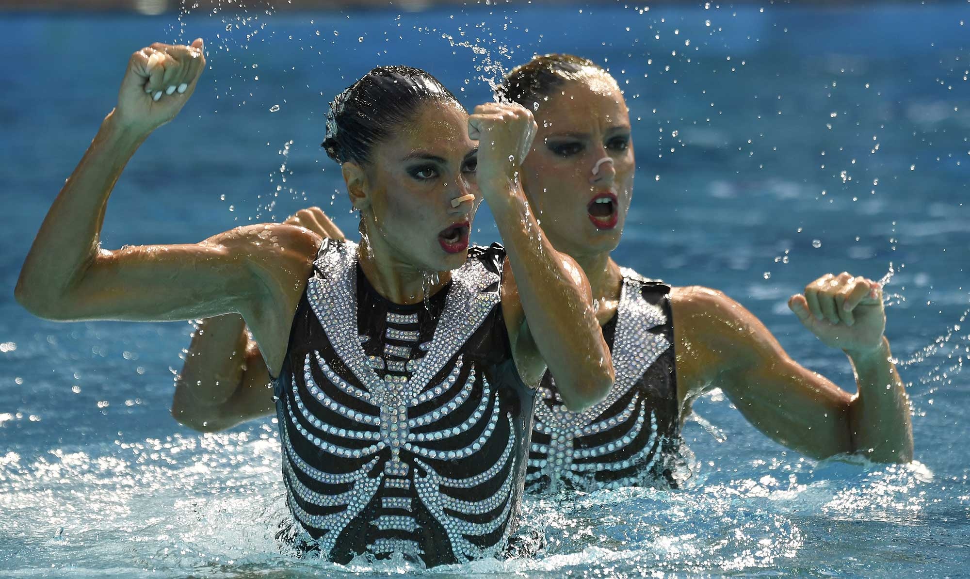 Synchronized Swimming: Greece's Evangelia Platanioti and Evelina Papazoglou compete in the Duets Technical Routine final, Rio 2016. 2000x1200 HD Wallpaper.