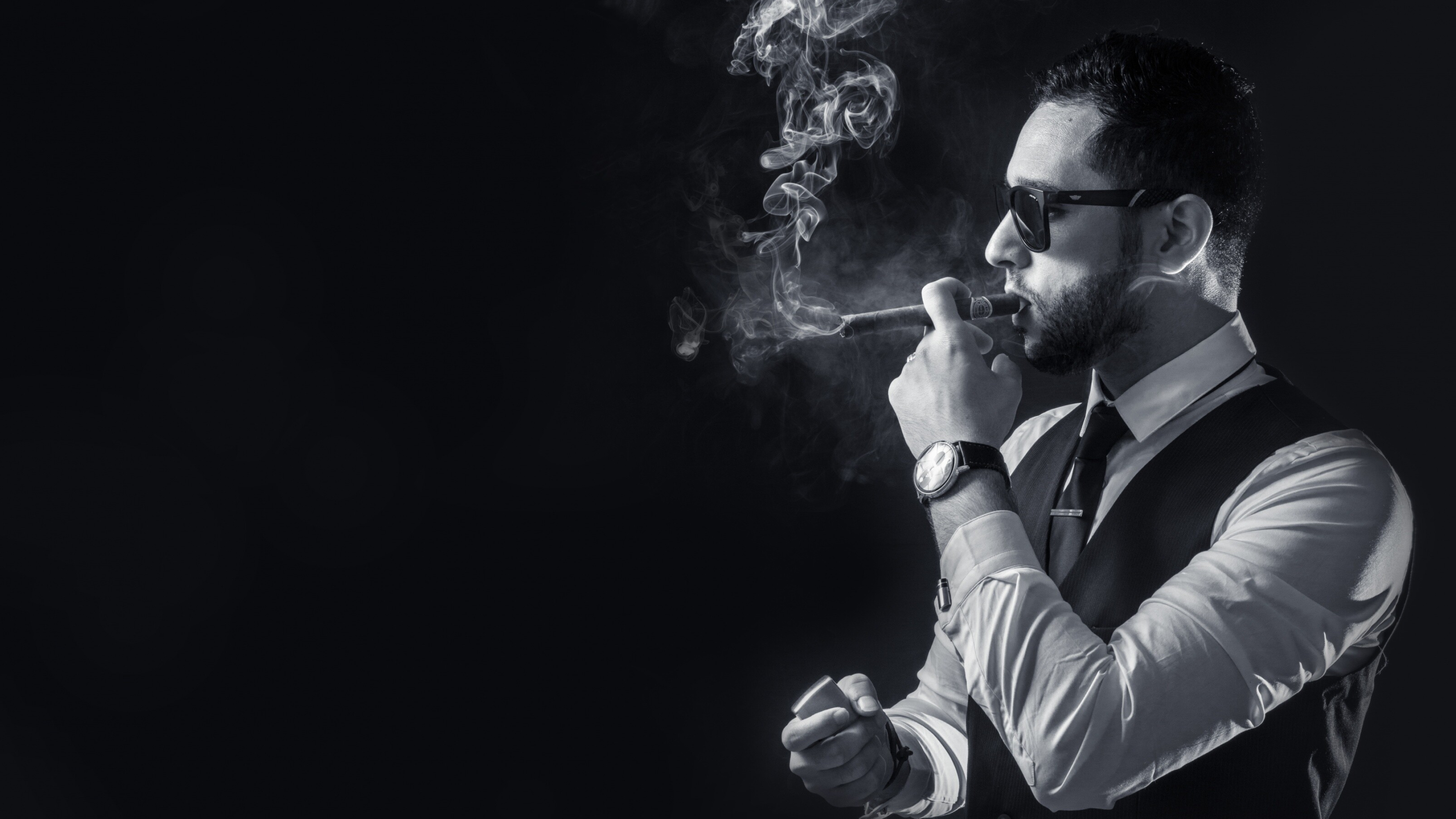 Gentleman: A person who combines gentle birth or rank with chivalrous qualities, Smoking, Cigar. 3560x2000 HD Background.
