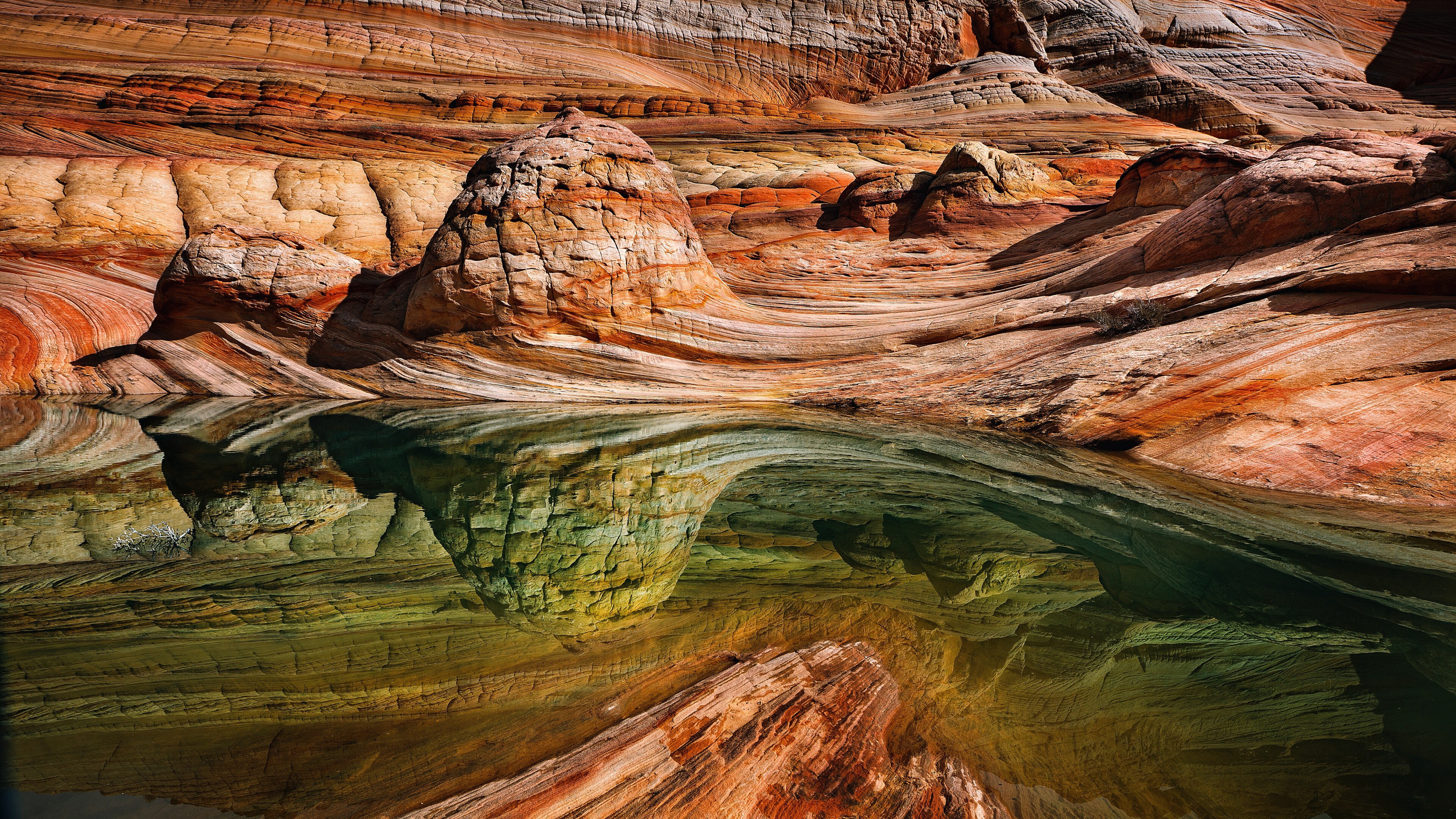 Geology: Rock formation, Reflections, Lake, Canyon, Section of wadi, Natural landscape. 3840x2160 4K Wallpaper.