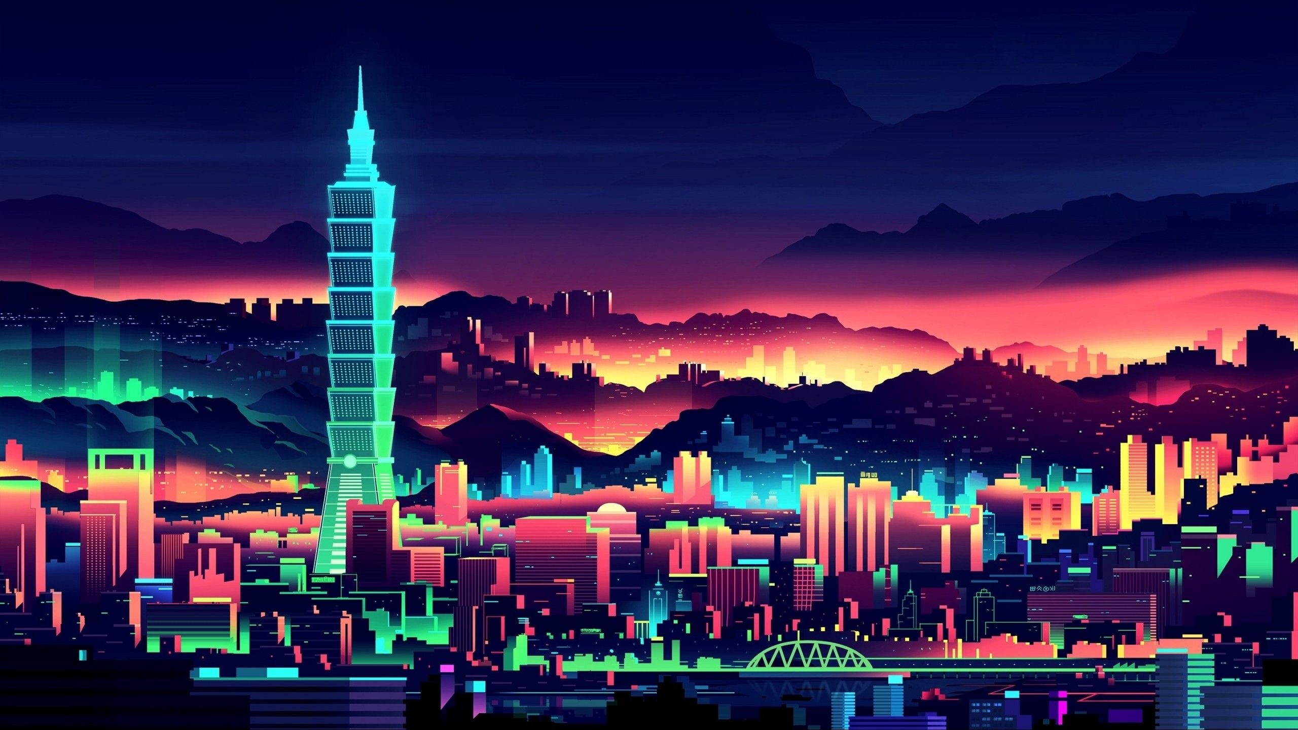 Neon city, Taipei, Vaporwave wallpaper, 2560x1440 HD Desktop