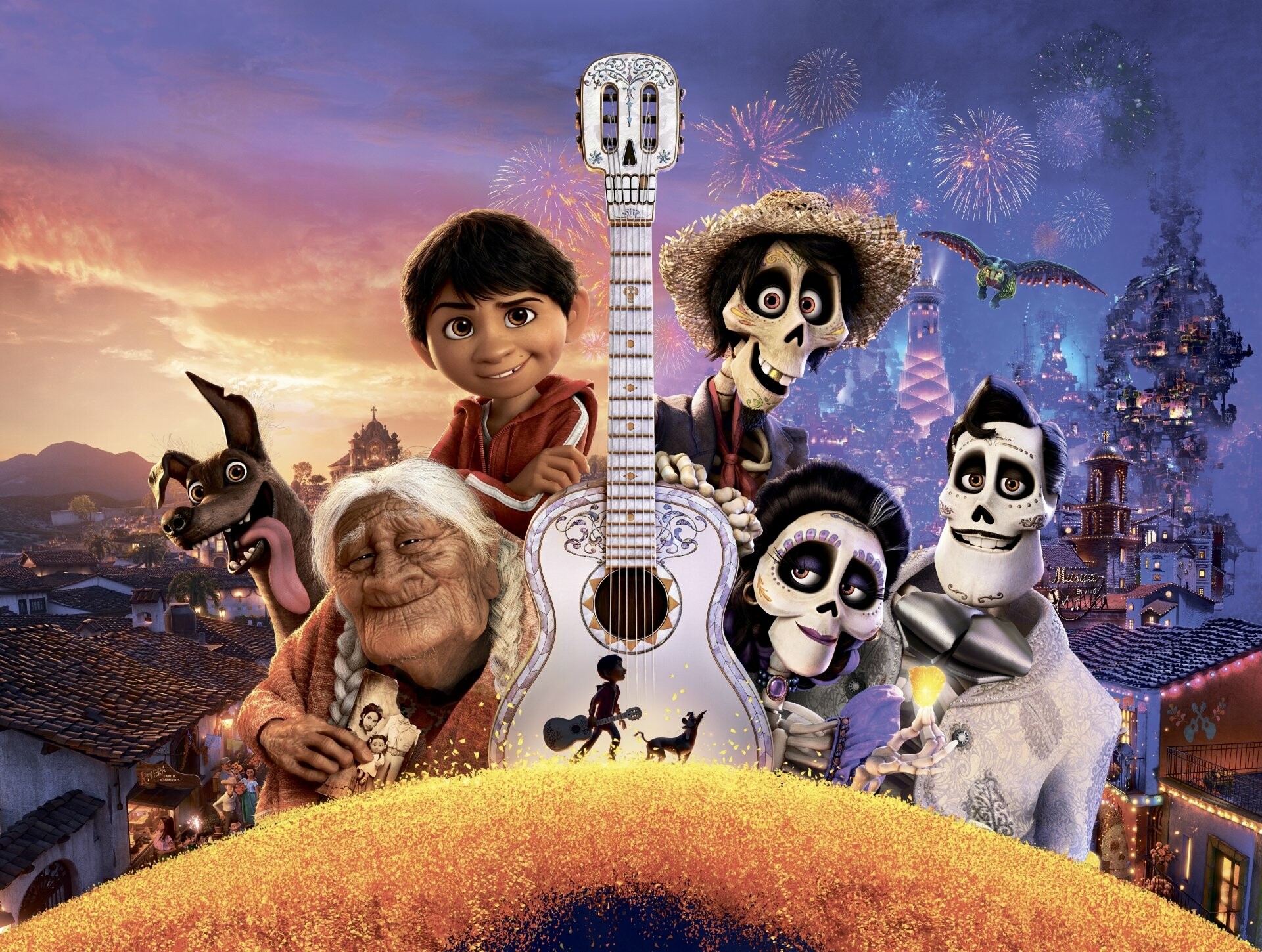 Coco (Cartoon): The sprightly story of a young boy who wants to be a musician and somehow finds himself communing with talking skeletons in the land of the dead. 1920x1450 HD Background.