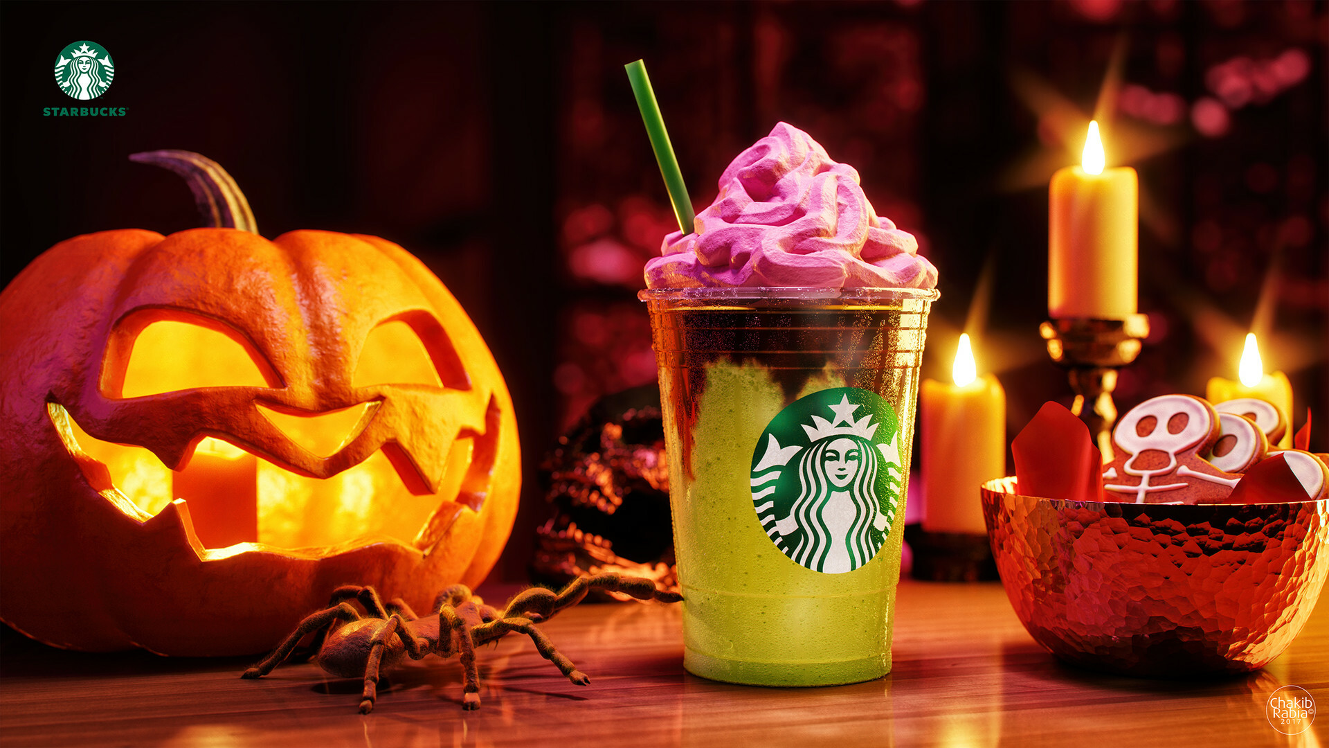 Starbucks: Zombie Frappuccino, Pumpkin, Lighting, Coffee brand. 1920x1080 Full HD Background.