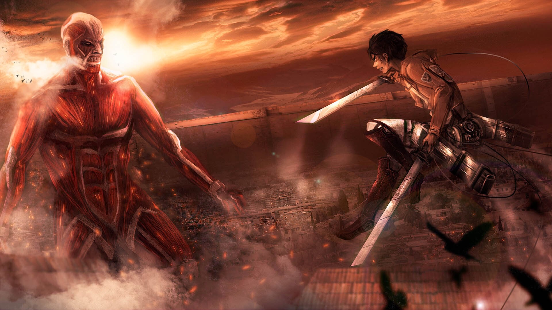 Attack on Titan (TV Series): AOT, Set in a city surrounded by a series of circular walls. 1920x1080 Full HD Background.