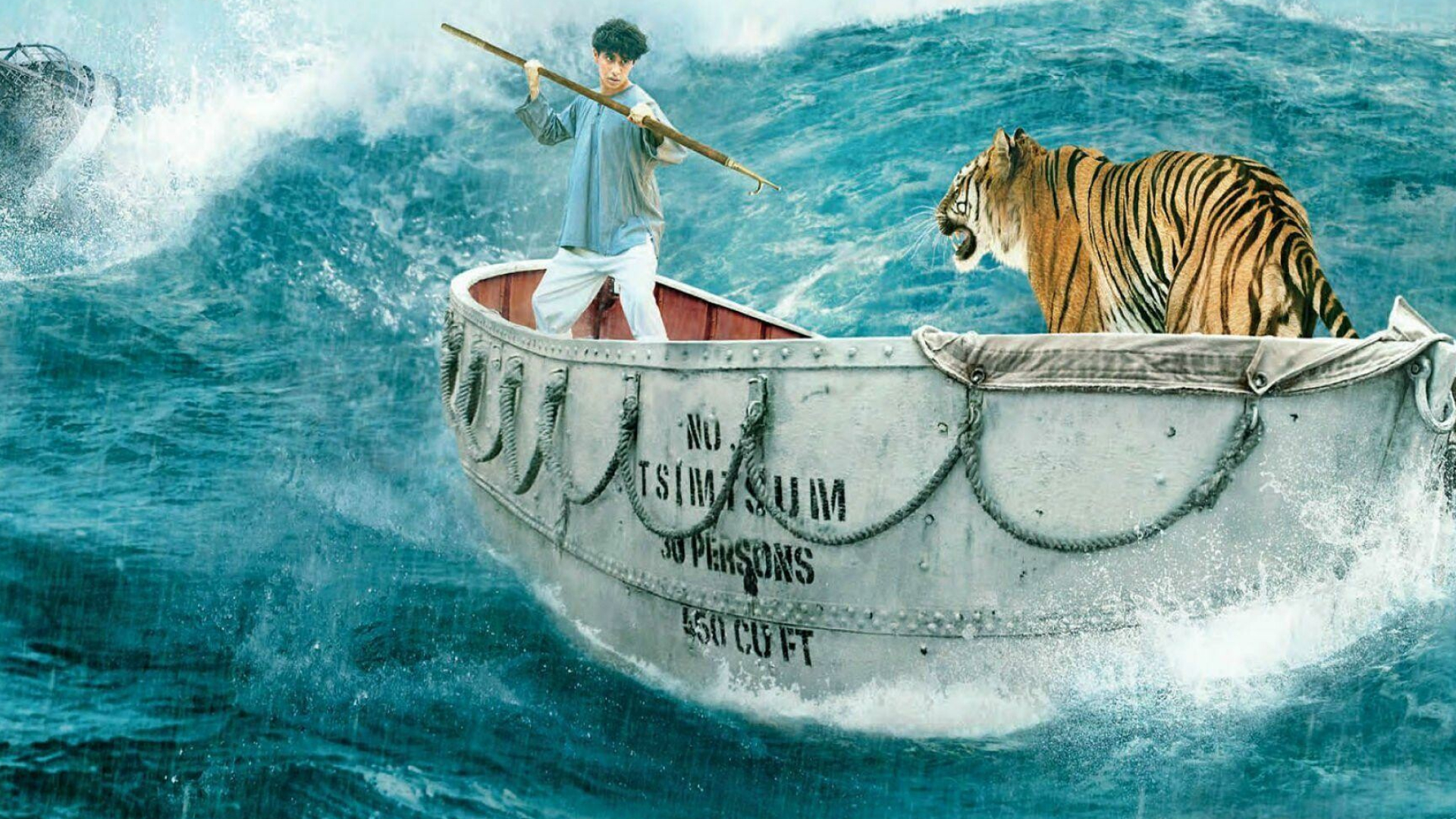 Life of Pi: The film tells the story of a young boy who, after a ship carrying his family to Canada sinks, finds himself stranded in the middle of the Pacific Ocean with an adult Bengal Tiger. 1920x1080 Full HD Background.