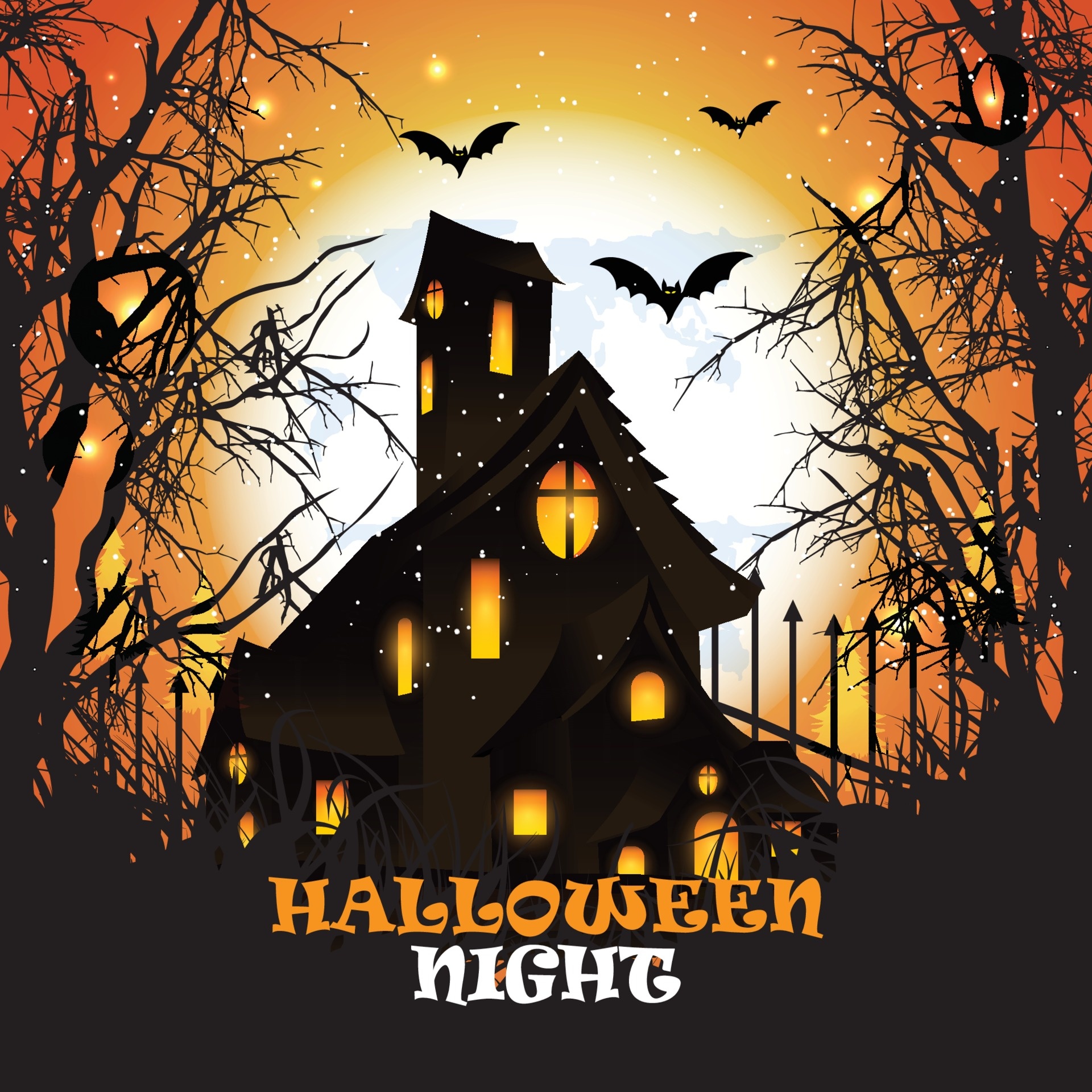 Haunted house, Bats flying, Halloween vector graphic, Creepy art, 1920x1920 HD Phone