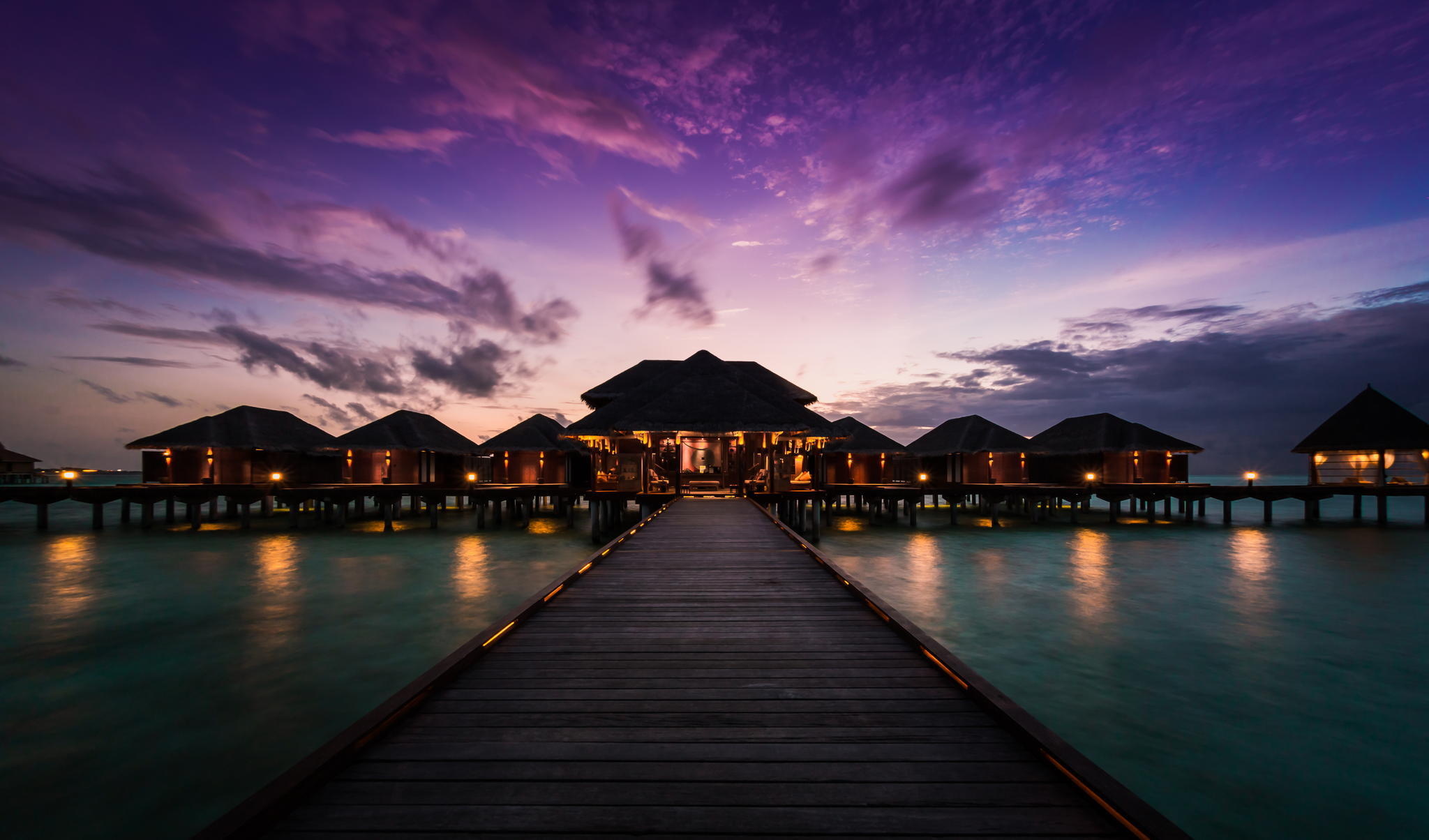 Bungalow: Anantara Dhigu Maldives Resort during the magnificent sunset in the ocean. 2050x1210 HD Wallpaper.